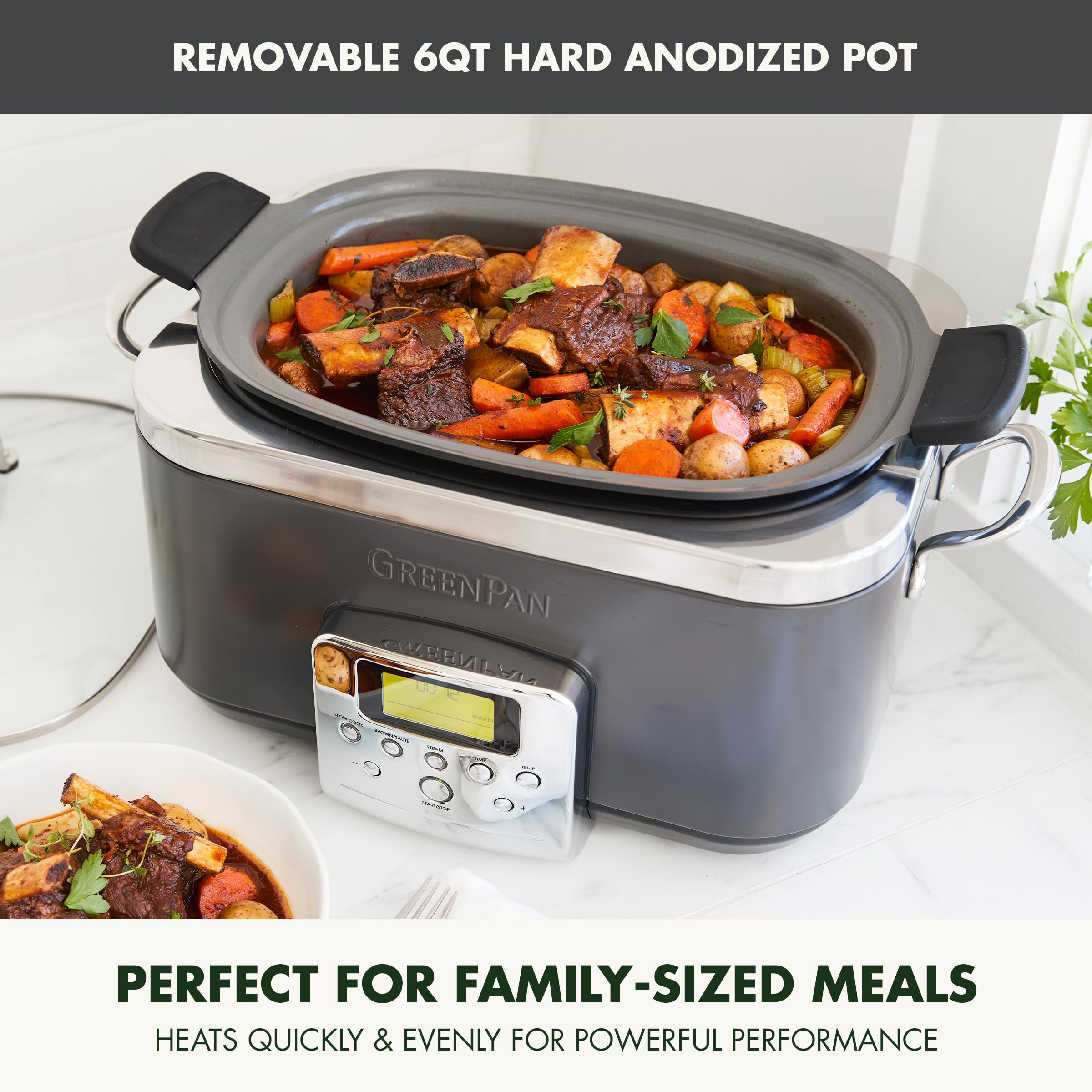 GreenPan Elite 8-in-1 Programmable 6QT Electric Slow Cooker with Dishwasher Safe Lid & Removable Crock - PFAS-Free Healthy Ceramic Nonstick Multi-Cooker for Searing, Sautéing, Browning, Steaming & Roasting - Perfect for Family Dinners, Meal Prep & Holiday Cooking (Graphite)