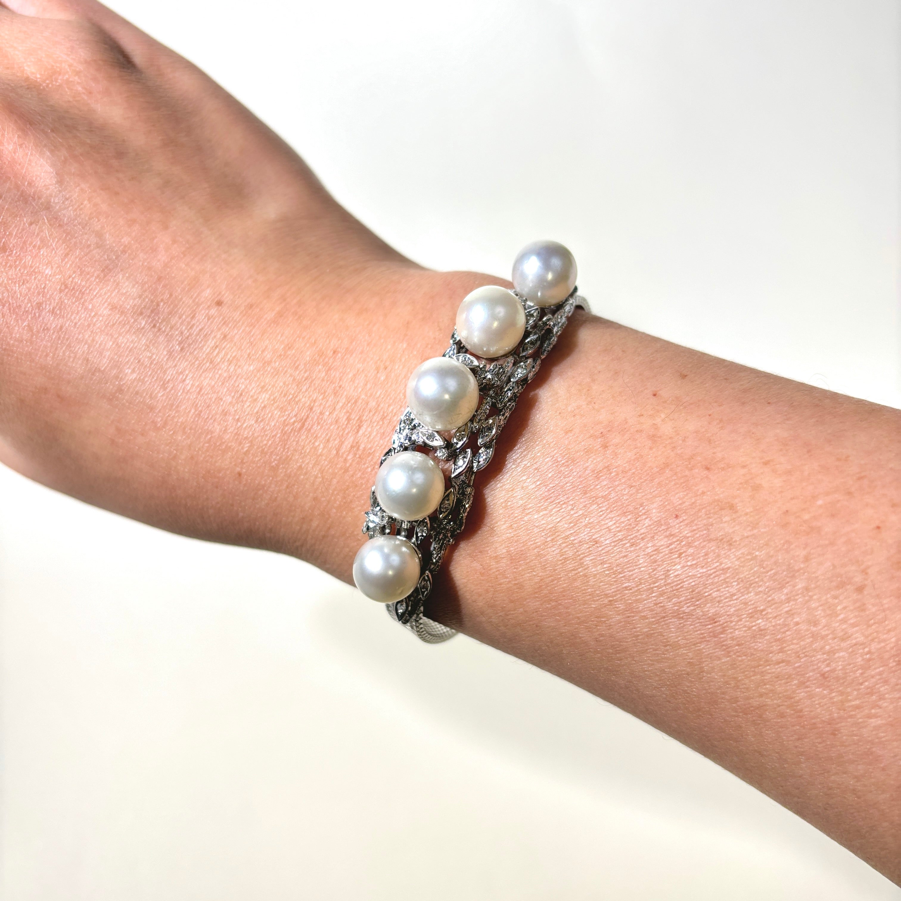 Luxury 5 Pearl & Diamond Bracelet | 9.10mm-9.40mm Pearls, 0.13ctw Diamonds | 6.75 Inch Adjustable | Elegant Jewelry for Women, Perfect for Weddings, Anniversaries & Special Occasions