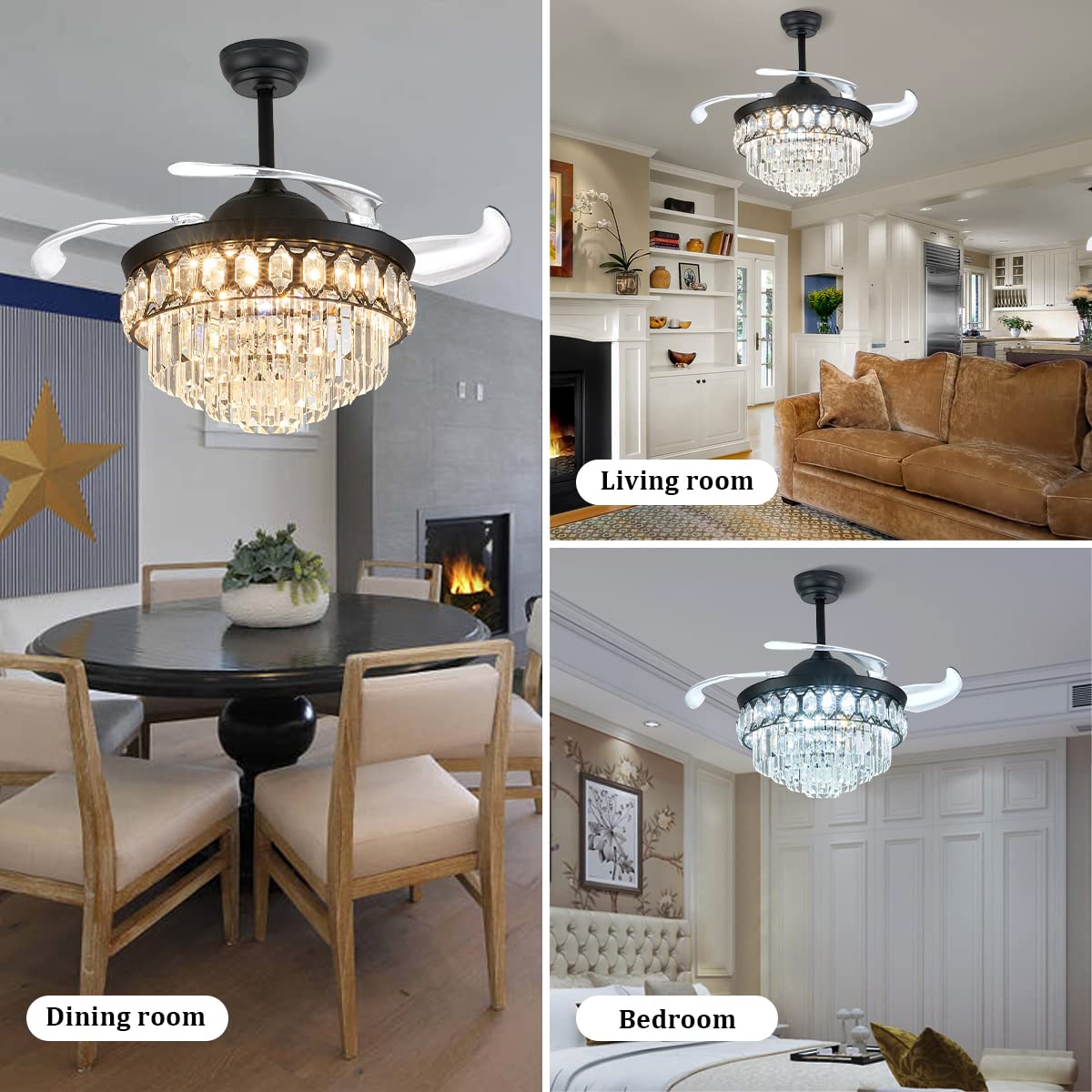 CLAIRDAI 42 Inch Retractable Crystal Ceiling Fan with Light - Dimmable LED Chandelier Fan, 6 Speed Settings & 3 Lighting Modes, Memory Function - Perfect for Living Room, Bedroom, and Dining Room Decor
