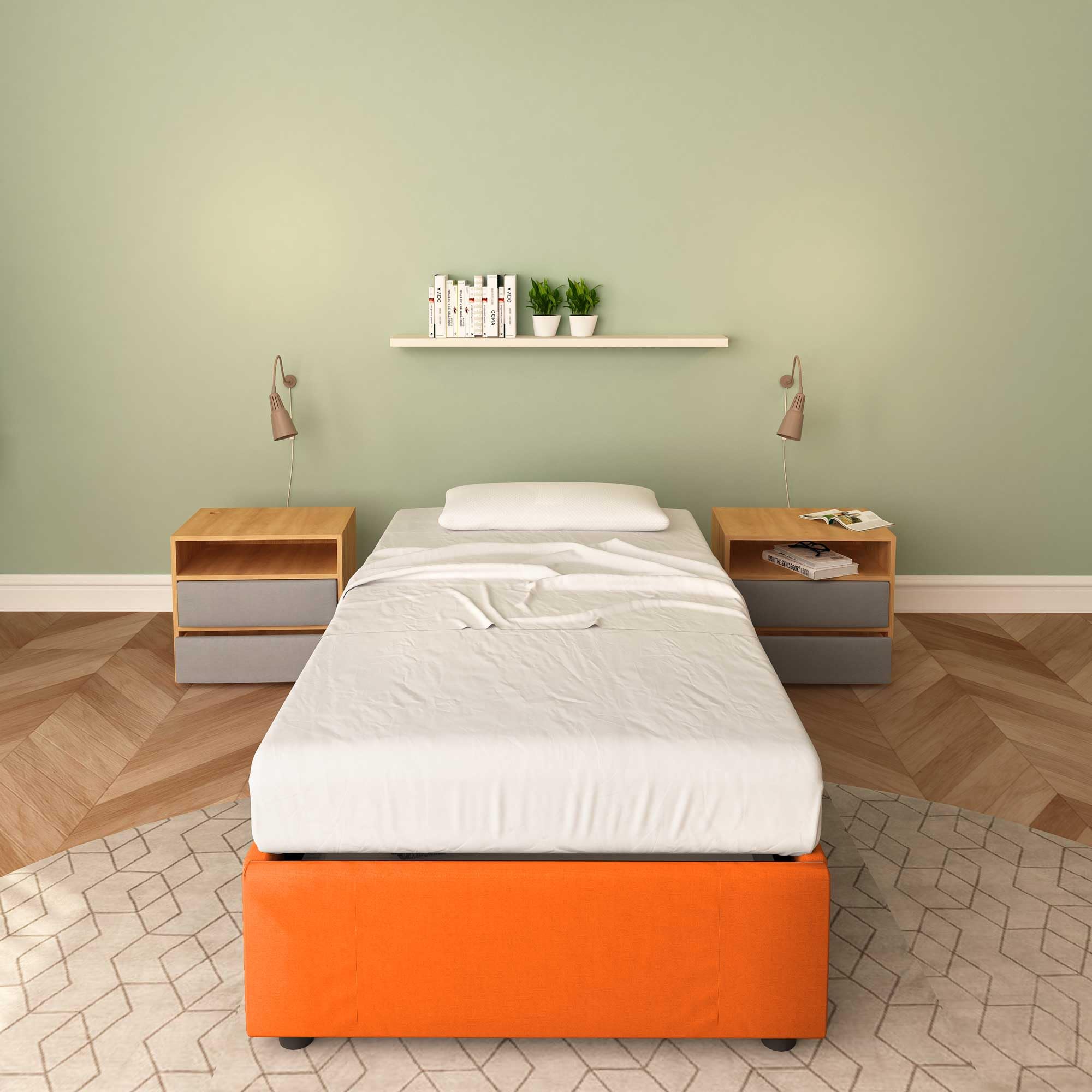 Baldiflex Cloe Square and Half Bed with Storage Container, Fabric Frame, No Headboard, Slatted Base for Mattresses, 100 x 200 cm, Orange - Perfect for Small Bedrooms, Guest Rooms & Studio Apartments