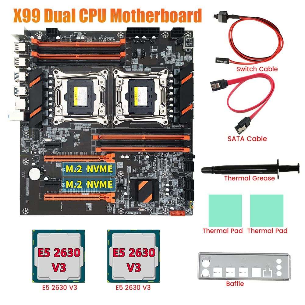 Lanlousy X99 Dual Motherboard with 2x Xeon E5-2630 V3 CPUs, SATA Cable, Baffle & Thermal Grease - LGA 2011 Socket, 8x DDR4 Slots, Supports 2011-V3 CPUs - Perfect for High-Performance Workstations, Gaming Rigs & Server Builds