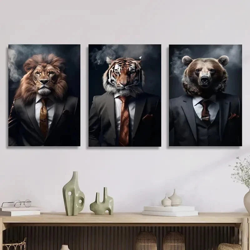 3-Piece Modern Animal Businessmen Metal Wall Art Prints - Ready to Hang Office Decor for Home & Workplace (12x16 Inch)