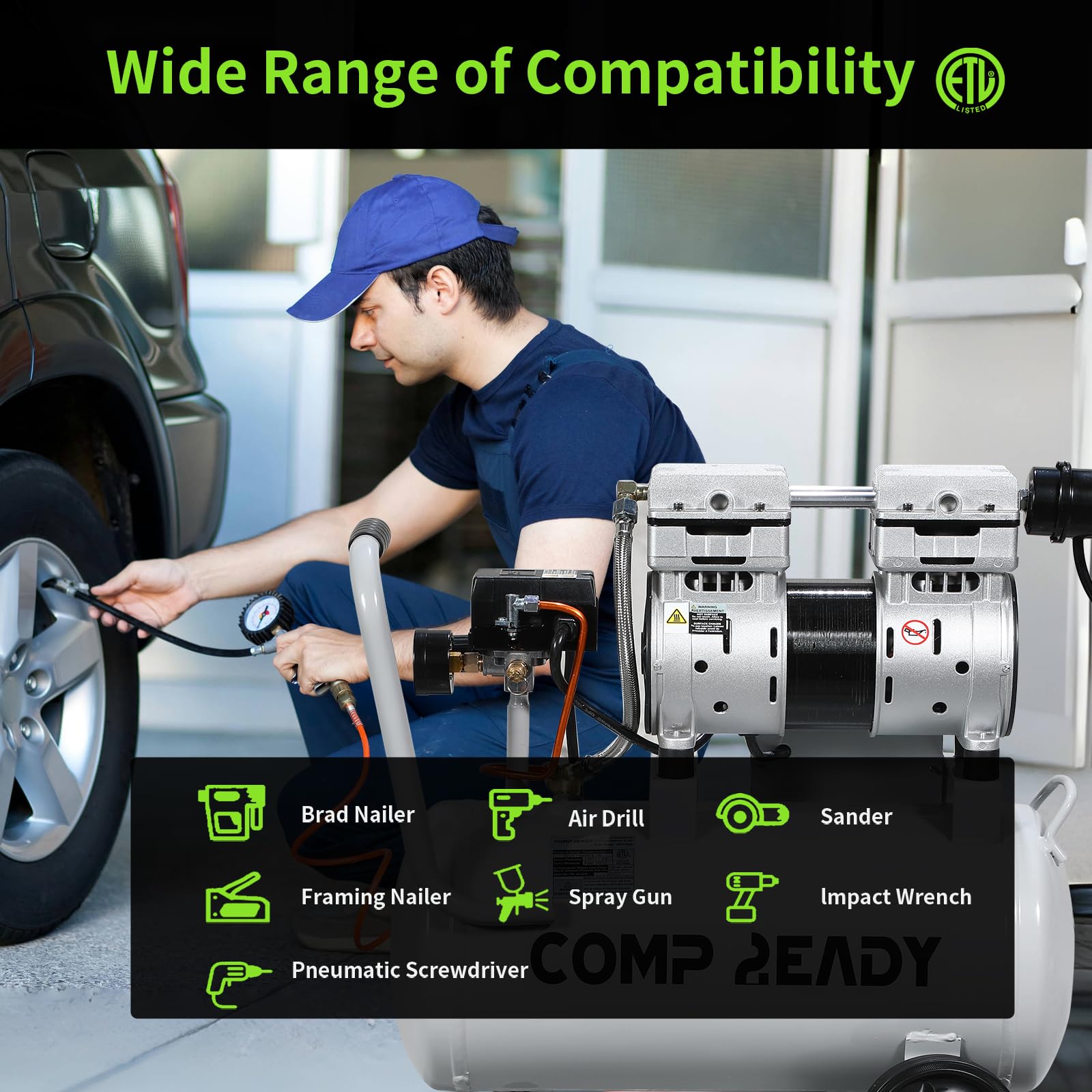 6 Gallon Portable Air Compressor | 1HP 2.5 CFM@90PSI Ultra Quiet Oil-Free Compressor (60dB) | Ideal for Tires, Pneumatic Tools, Spray Painting | Perfect for Home Garage, Auto Repair & DIY Projects