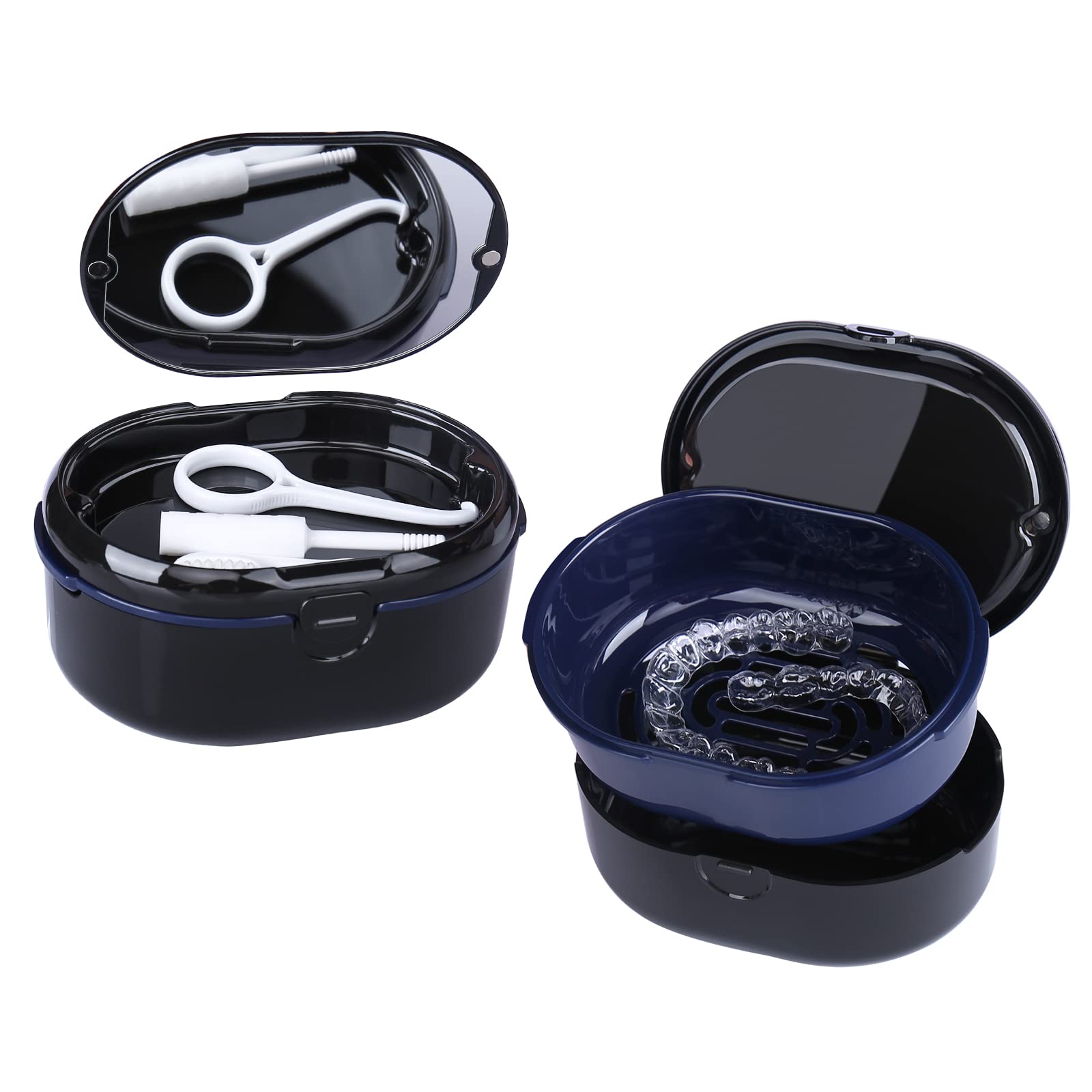 Denture Storage Case - Large Soak Container for Dentures, Retainers, Mouth Guards & Orthodontic Tools | BPA-Free Denture Bath Box with Mirror | Perfect for Nightly Soaking & Travel (Black)