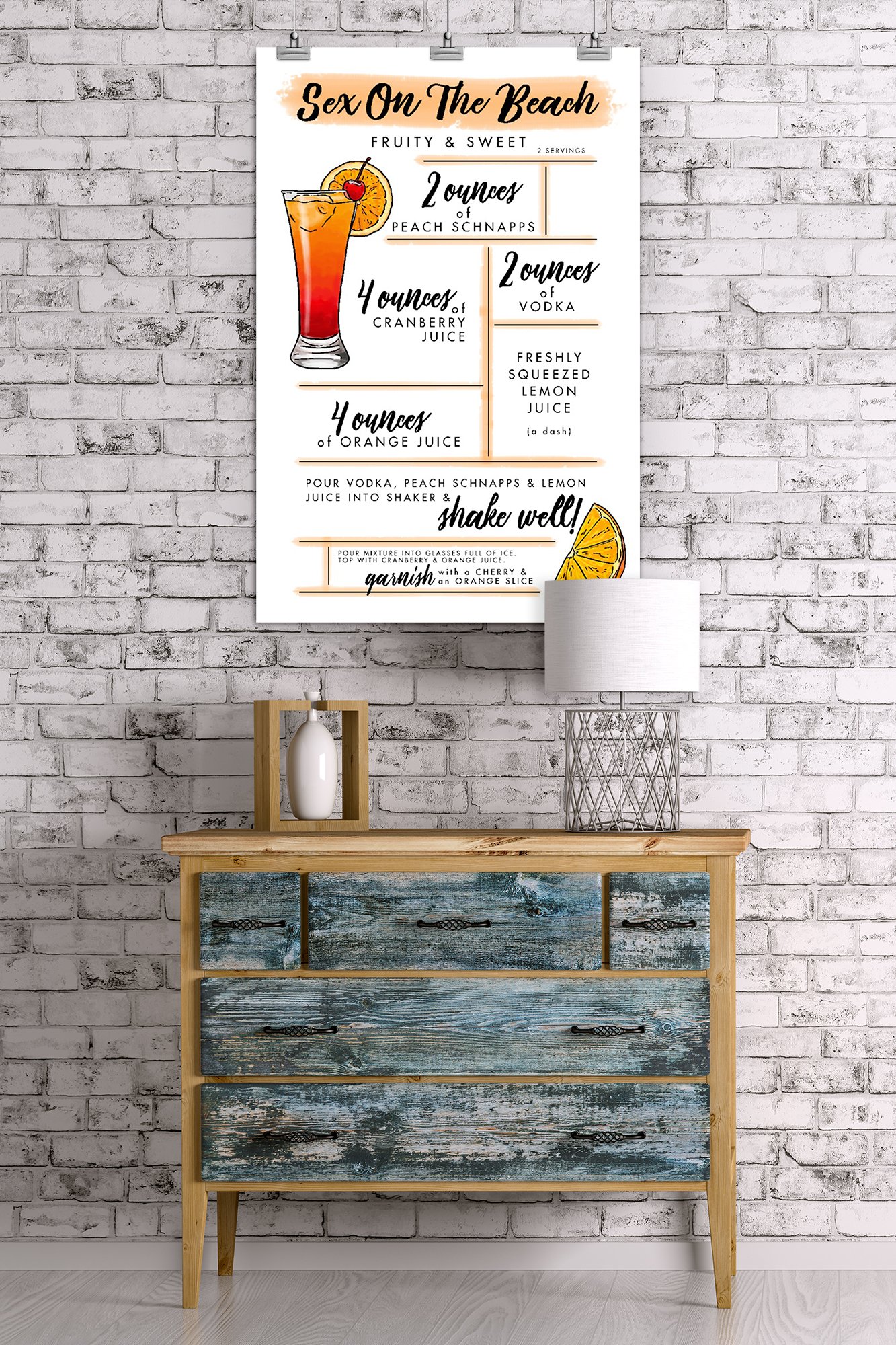 Sex on the Beach Cocktail Recipe Art Print - 24x36 Giclee Gallery Quality Travel Poster for Bar & Kitchen Wall Decor - Perfect for Home Bars, Beach Houses & Cocktail Enthusiasts