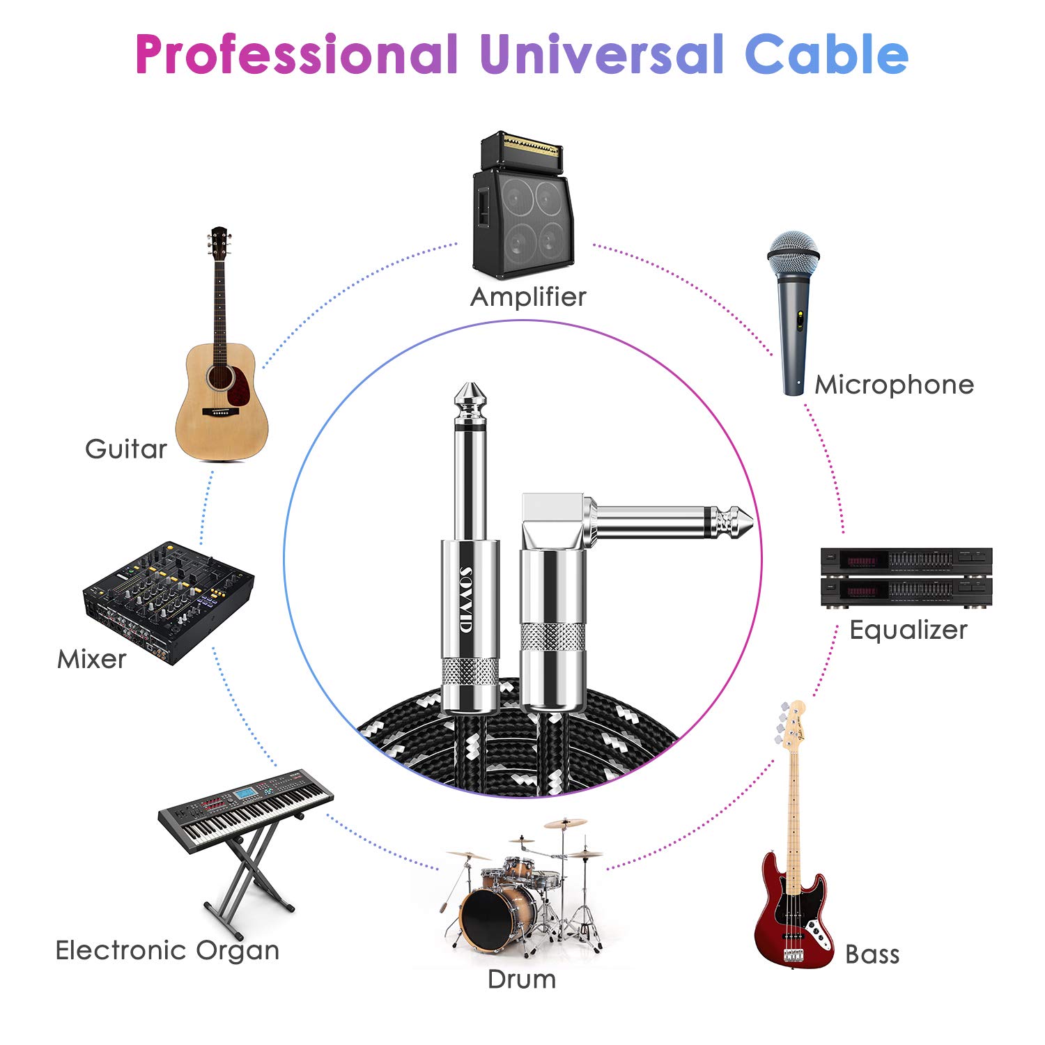 10FT Guitar Cable 2 Pack - 1/4 Inch Right Angle Instrument Cable for Electric Guitar, Bass, Keyboard & AMP (Black & White) - Durable Audio Cord for Live Performances, Studio Recording & Home Practice