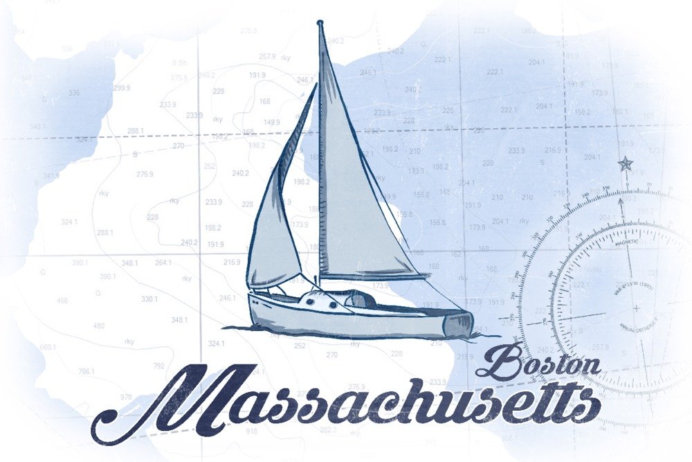 Boston Massachusetts Sailboat Blue Coastal Icon - 12x18 Wall Art Poster for Home & Office Decor | Nautical Themed Living Room, Bedroom, or Beach House Wall Decor