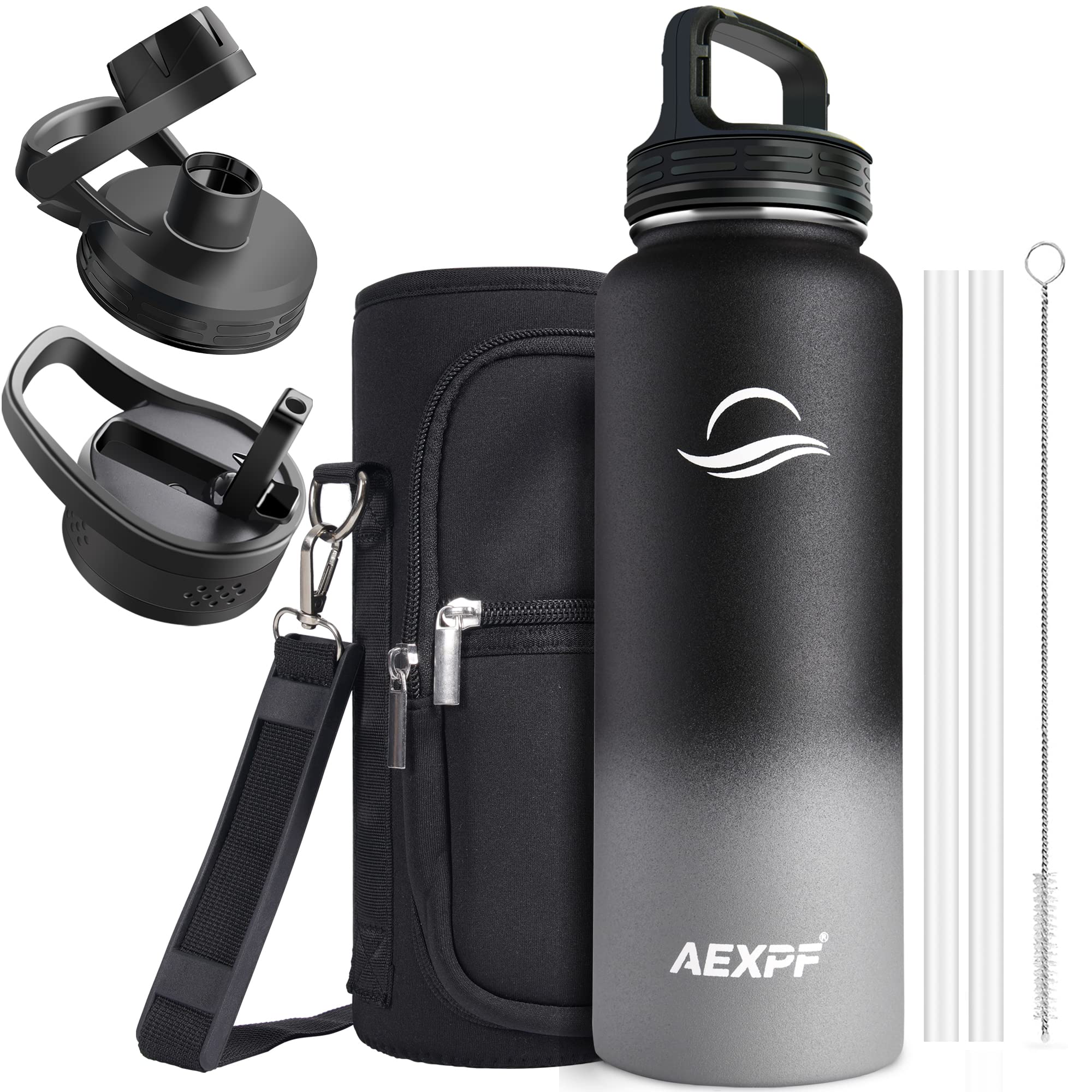 40 oz Stainless Steel Vacuum Insulated Sports Water Bottle with Straw Lid - Leakproof Reusable Metal Thermos Flask with Carrying Pouch - Ideal for Gym, Cycling, Hiking & Outdoor Activities - Black and Gray