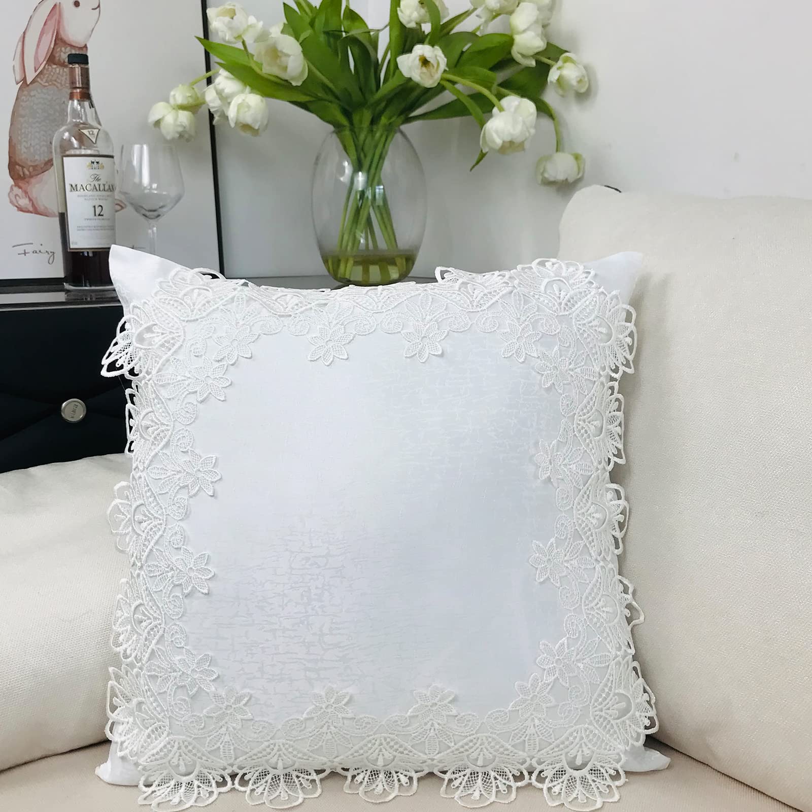 Premium 18x18 Inch White Lace Throw Pillow Covers Set of 2 - Soft Farmhouse Decor with Exquisite Embroidery for Living Room, Bed, Couch & Sofa - Perfect for Cozy Home Styling and Seasonal Decorations