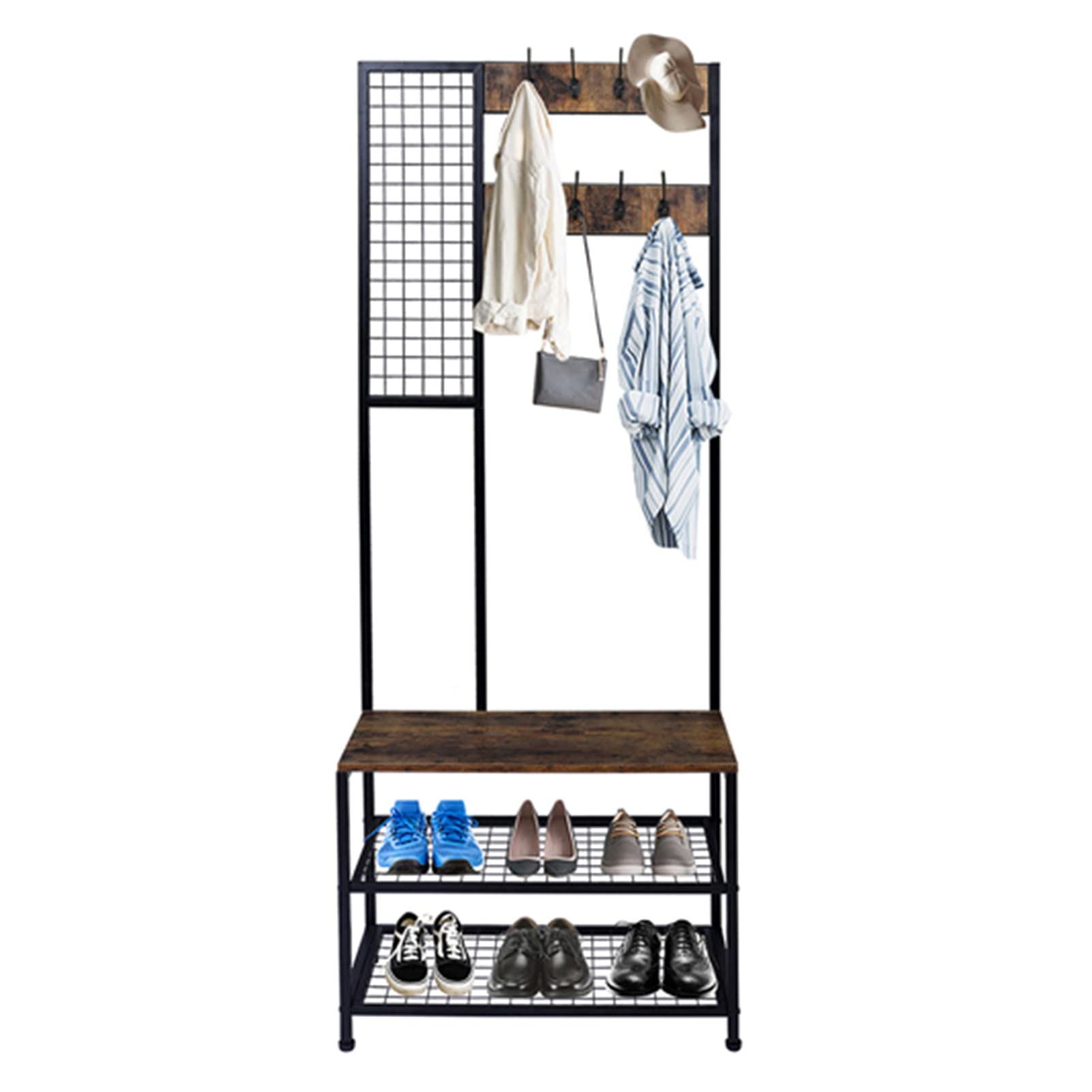 Industrial Coat Rack Storage Bench with 8 Hooks & 2 Mesh Shelves - Heavy Duty Iron Frame Hall Tree Organizer for Entryway, Bedroom & Mudroom - Perfect for Jackets, Shoes & Home Storage