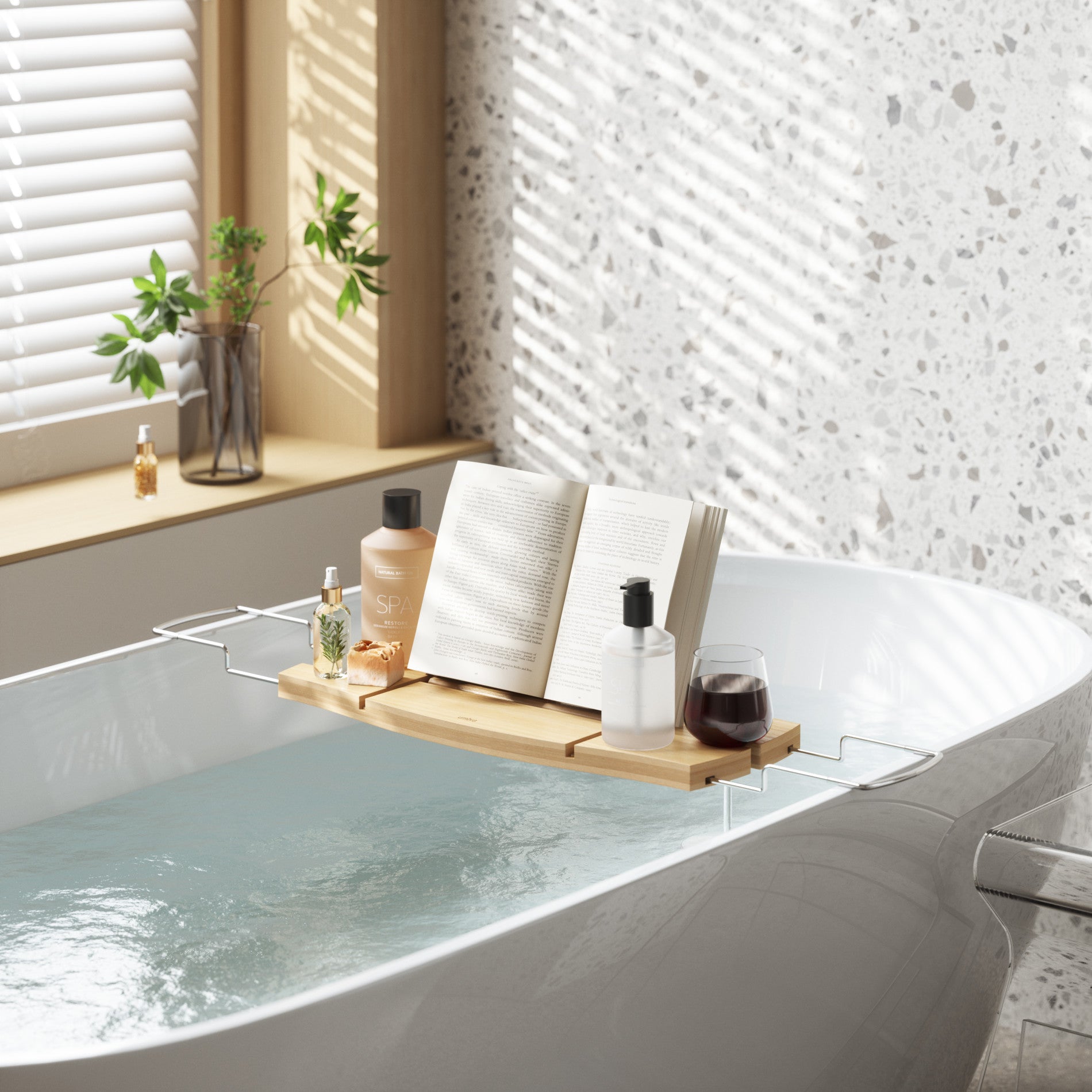 Aquala Premium Bamboo Bathtub Caddy Tray with Wine Glass Holder & Book Stand - Perfect for Relaxing Baths, Spa Days & Self-Care Moments