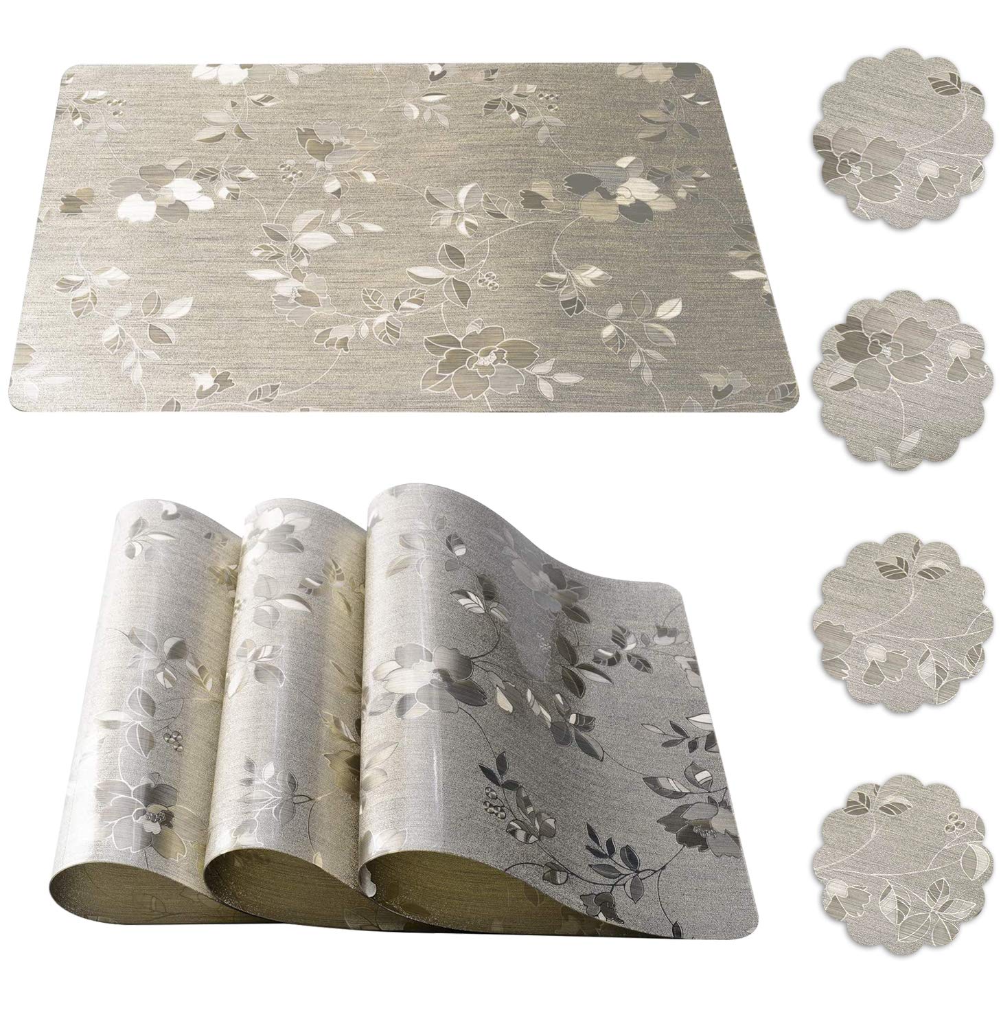 DUOFIRE Washable Vinyl Placemats Set of 4 - Non-Slip PVC Table Mats with Coasters for Dining Table, Easy to Clean - Light Gold Floral Design - Perfect for Holidays, Dinner Parties & Home Decor