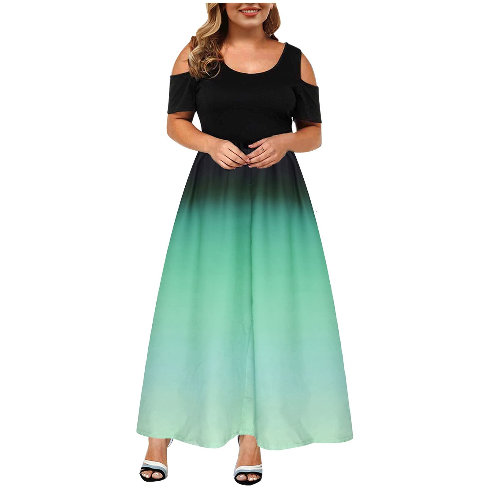 Plus Size Women's Ombre Cold Shoulder Swing Dress - Short Sleeve Summer Cocktail Dress with Flared Hem | Perfect for Beach Vacations, Date Nights & Special Occasions