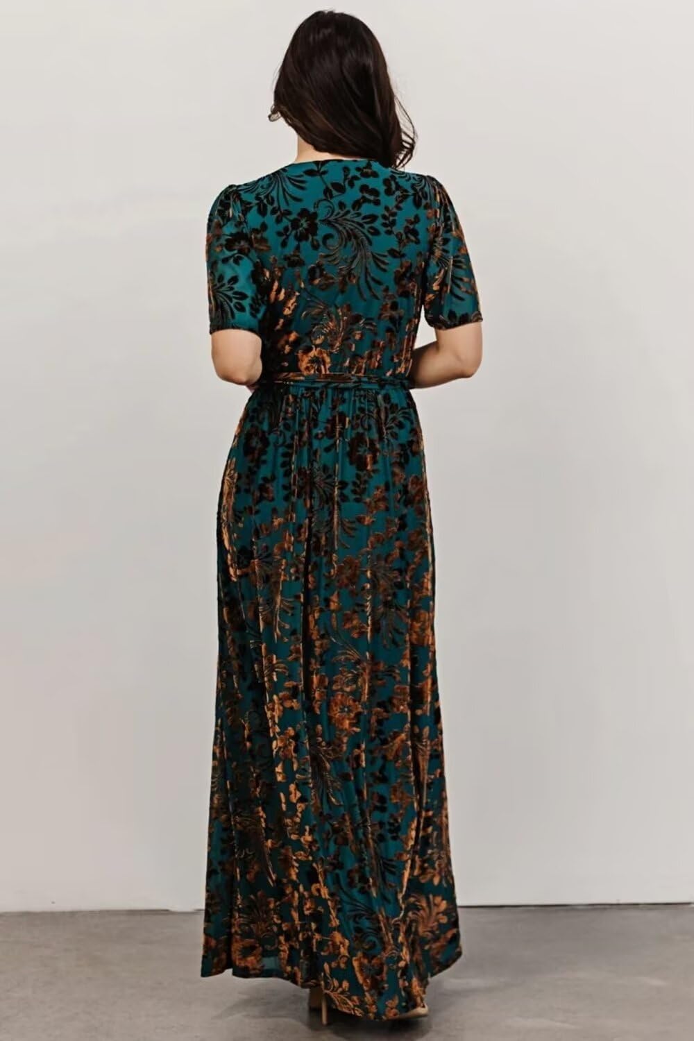 Women's Floral Velvet Wrap Dress - Short Sleeve V-Neck Cocktail & Formal Maxi Dress with Slit | Perfect for Evening Parties, Weddings & Special Occasions