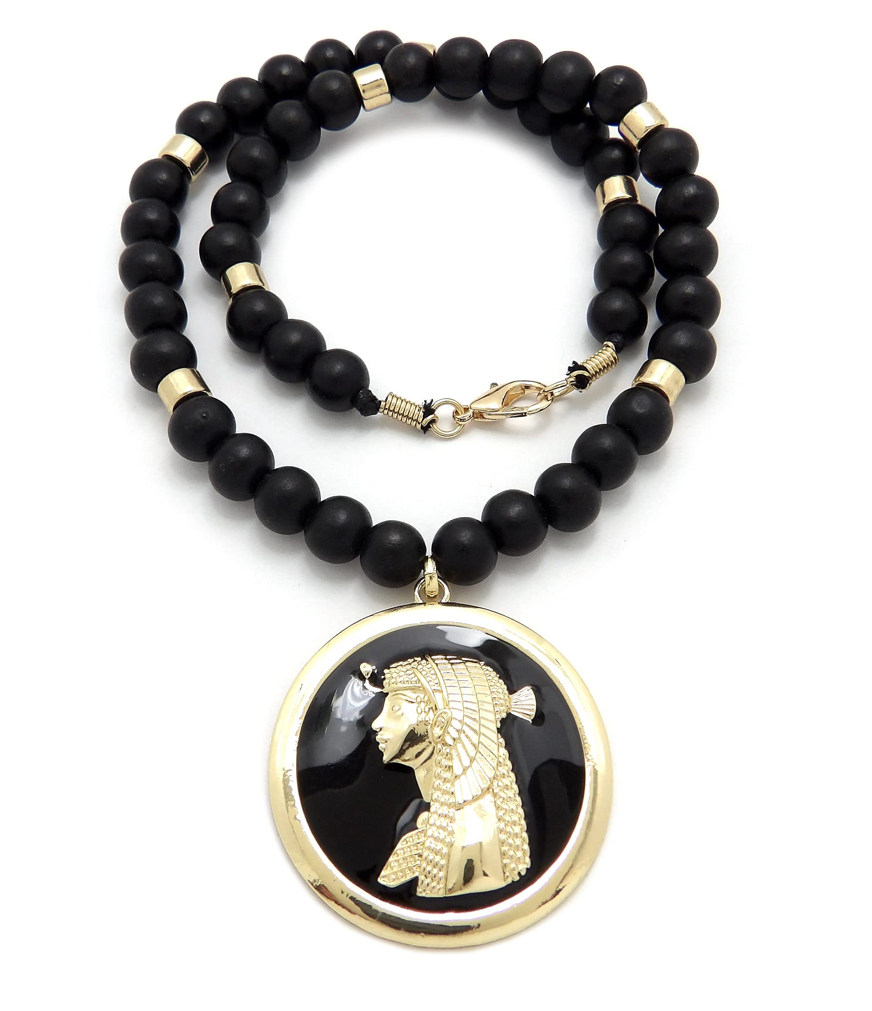 Egyptian Cleopatra Falcon Pendant Necklace - Gold Tone Wooden Beads for Boho Fashion