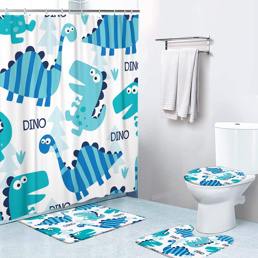 LOKMU 4-Piece Shower Curtain Set with Non-Slip Bath Rugs, Toilet Lid Cover, and Bath Mat - Blue Dinosaur Pattern, Waterproof, 72