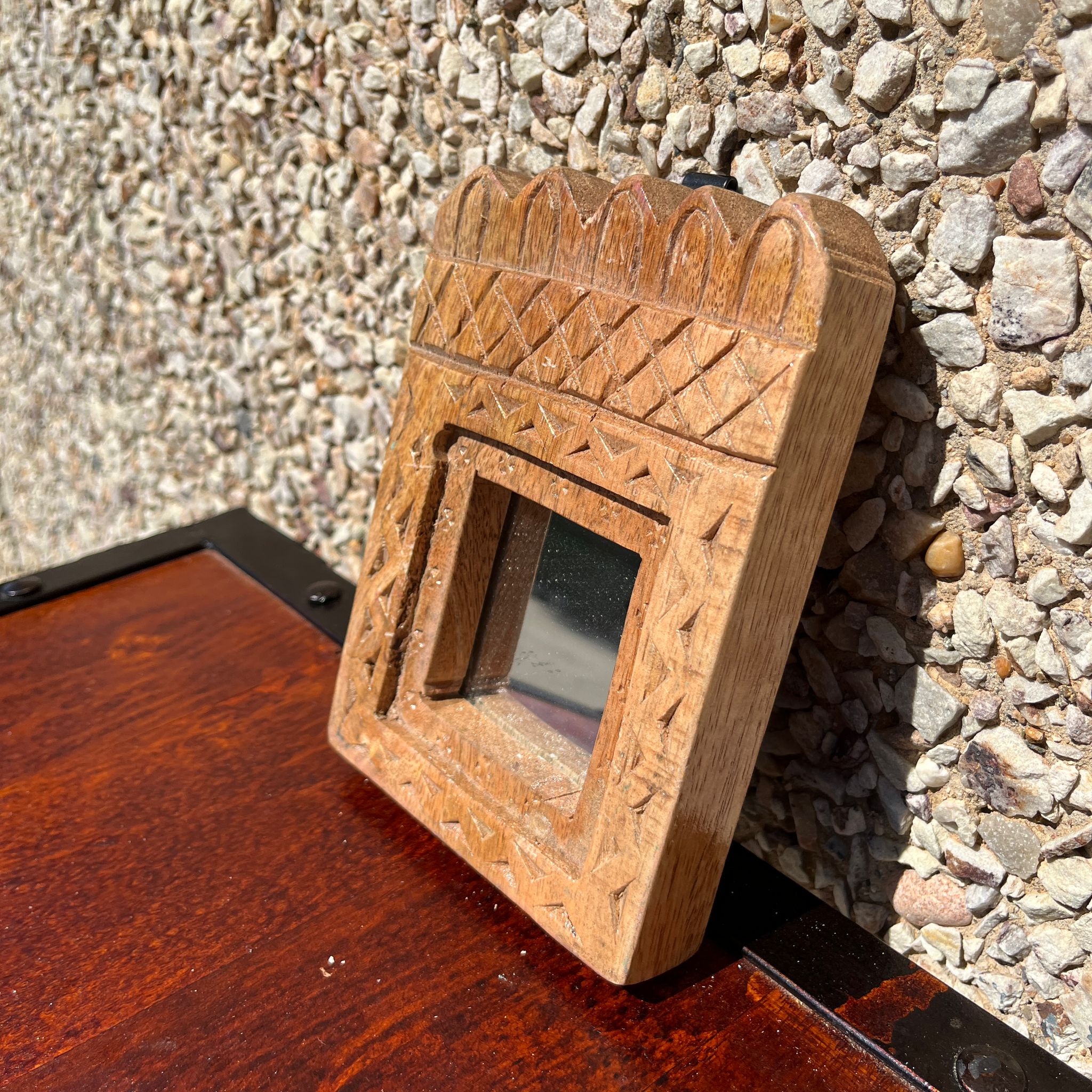 Hand Carved Indian Solid Wood Temple Mirror - Brown 107 - Elegant Wall Decor for Living Room, Bedroom, or Meditation Space - Perfect for Boho, Farmhouse & Ethnic Home Decor Styles