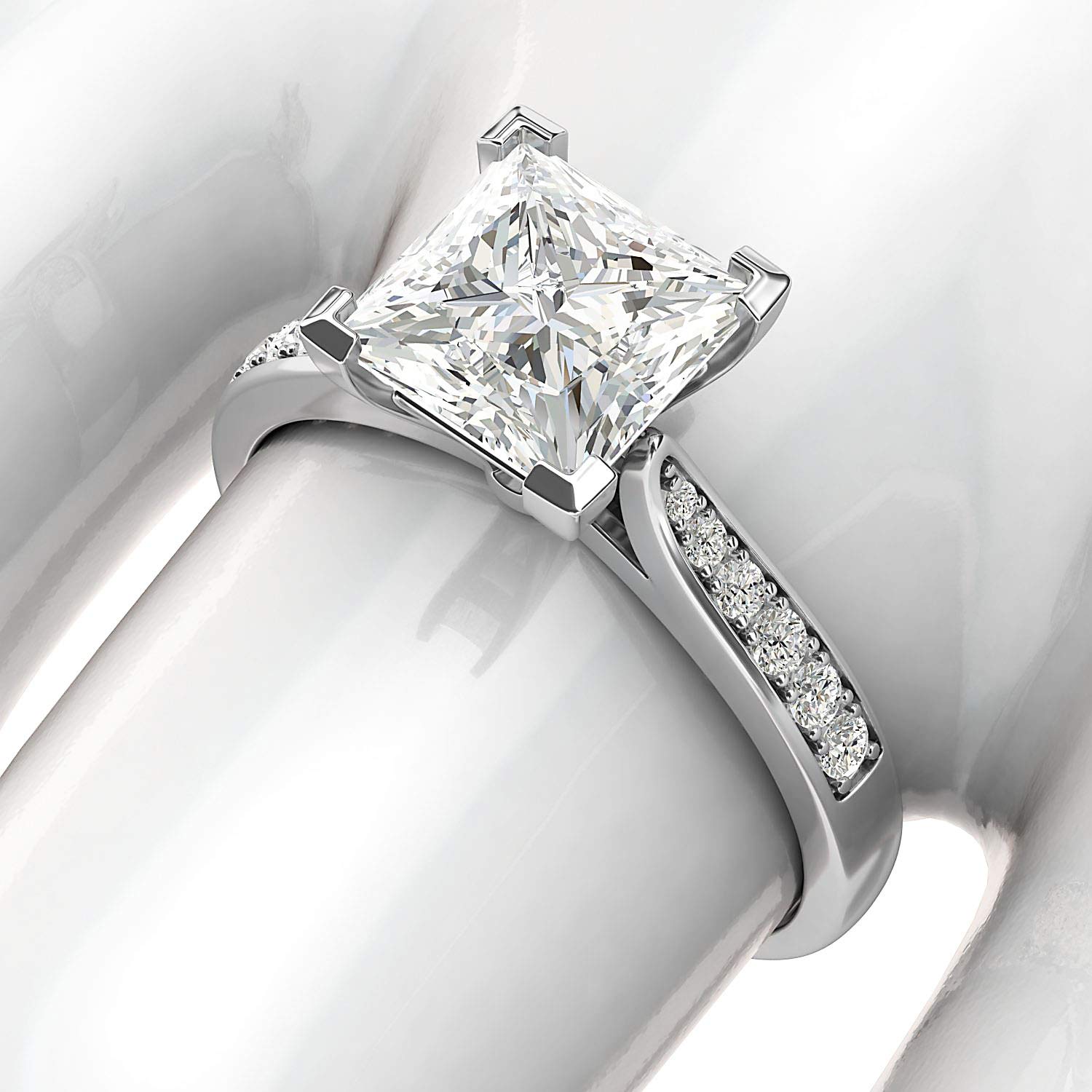 10K White Gold Solitaire 1.5ct Princess Cut Simulated Diamond or Moissanite Engagement Ring with Side Stones - Perfect Promise Bridal Ring for Weddings, Proposals & Anniversaries
