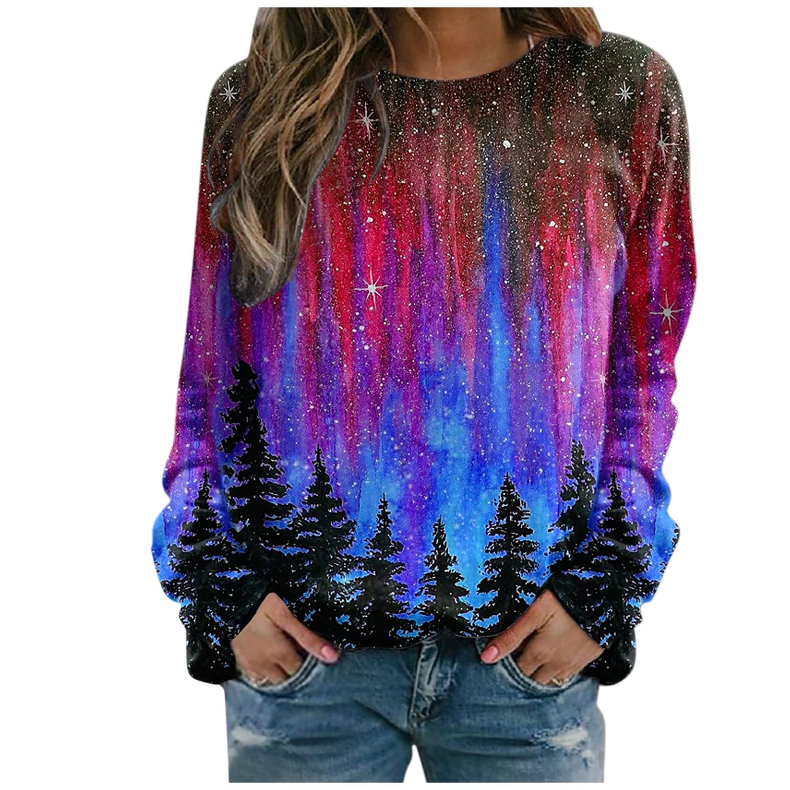 Women's Long Sleeve Printed Crewneck T-Shirt - Cute Casual Pullover Sweatshirt & Loose Tunic Blouse for Spring | Holiday Outfits, Everyday Wear & Weekend Style