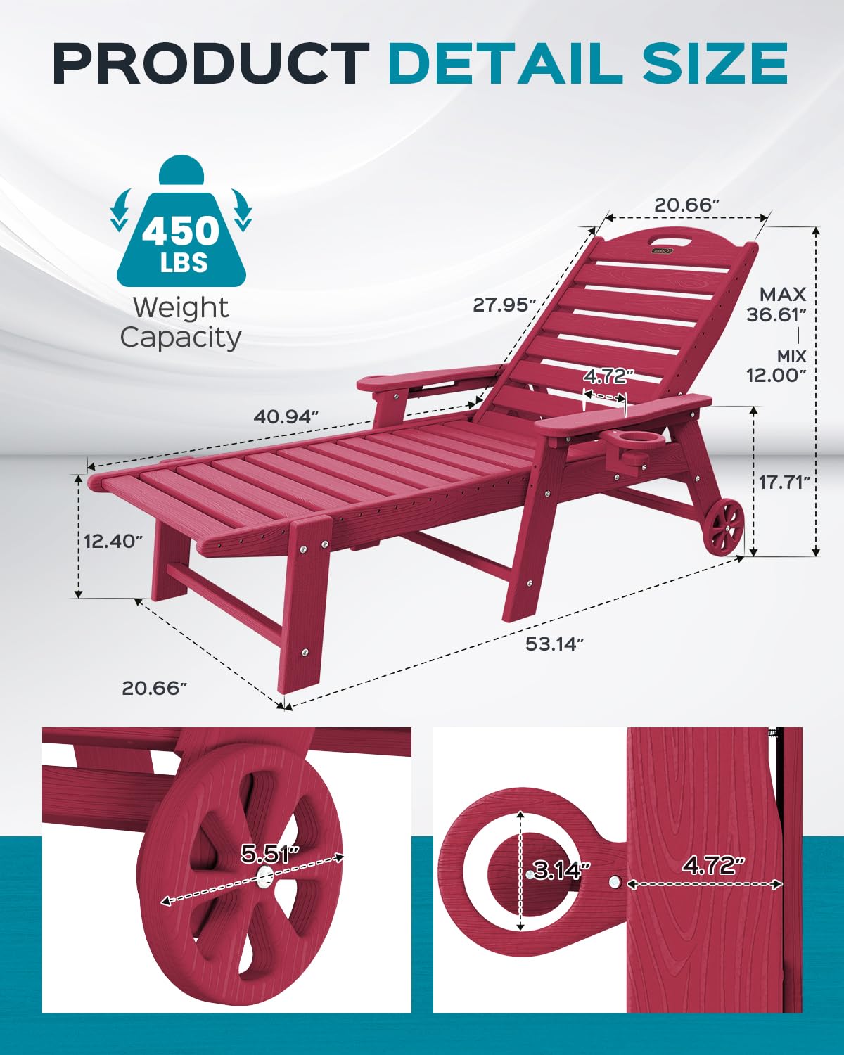 5-Position Adjustable Outdoor Chaise Lounge Chair with Wheels & Double Cup Holders - Wood Texture Patio Lounge for Poolside, Backyard, Beach - Perfect for Sunbathing & Relaxing (Red)