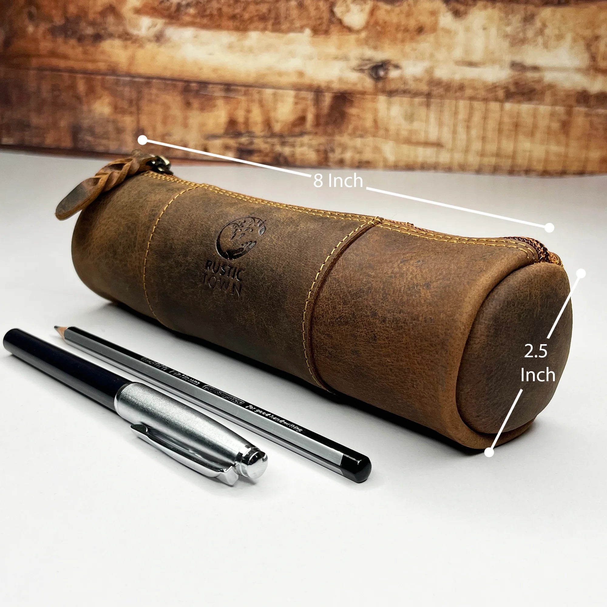 Premium Winnie Leather Zipper Pen Pencil Case - Brown, School & Office Organizer for Students & Professionals - Perfect for Backpacks, Desks & Travel Accessories