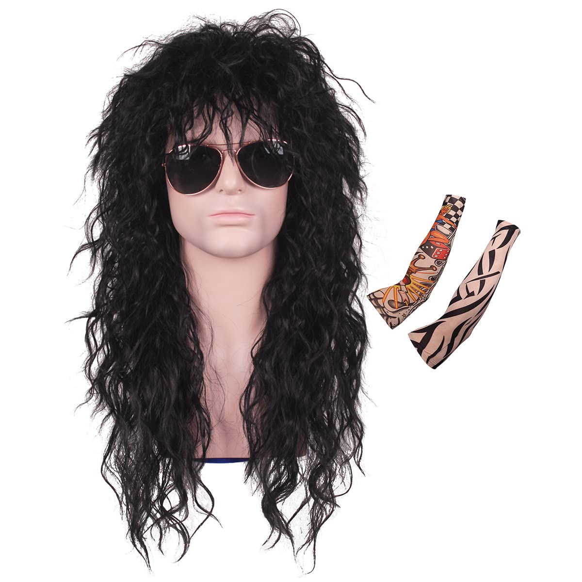 ColorGround Long 80s Fashion Smart Rocker Style Wig (Black with Tattoo Arm) - Perfect for 80s Themed Parties, Cosplay, Halloween Costumes & Vintage Fashion Shows