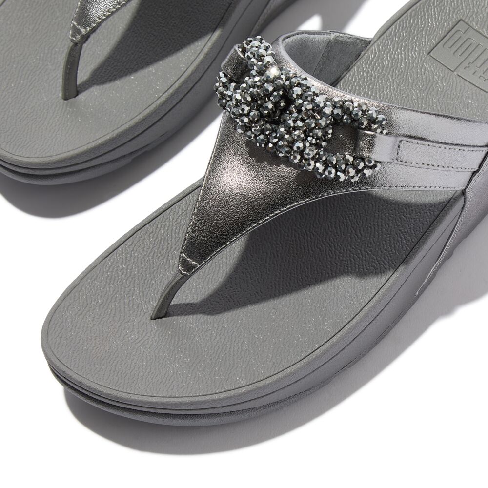 FitFlop Lulu Beaded Chain Leather Sandals for Women - Comfortable & Stylish Silver Gladiator Sandals for Summer, Beach, and Casual Outings