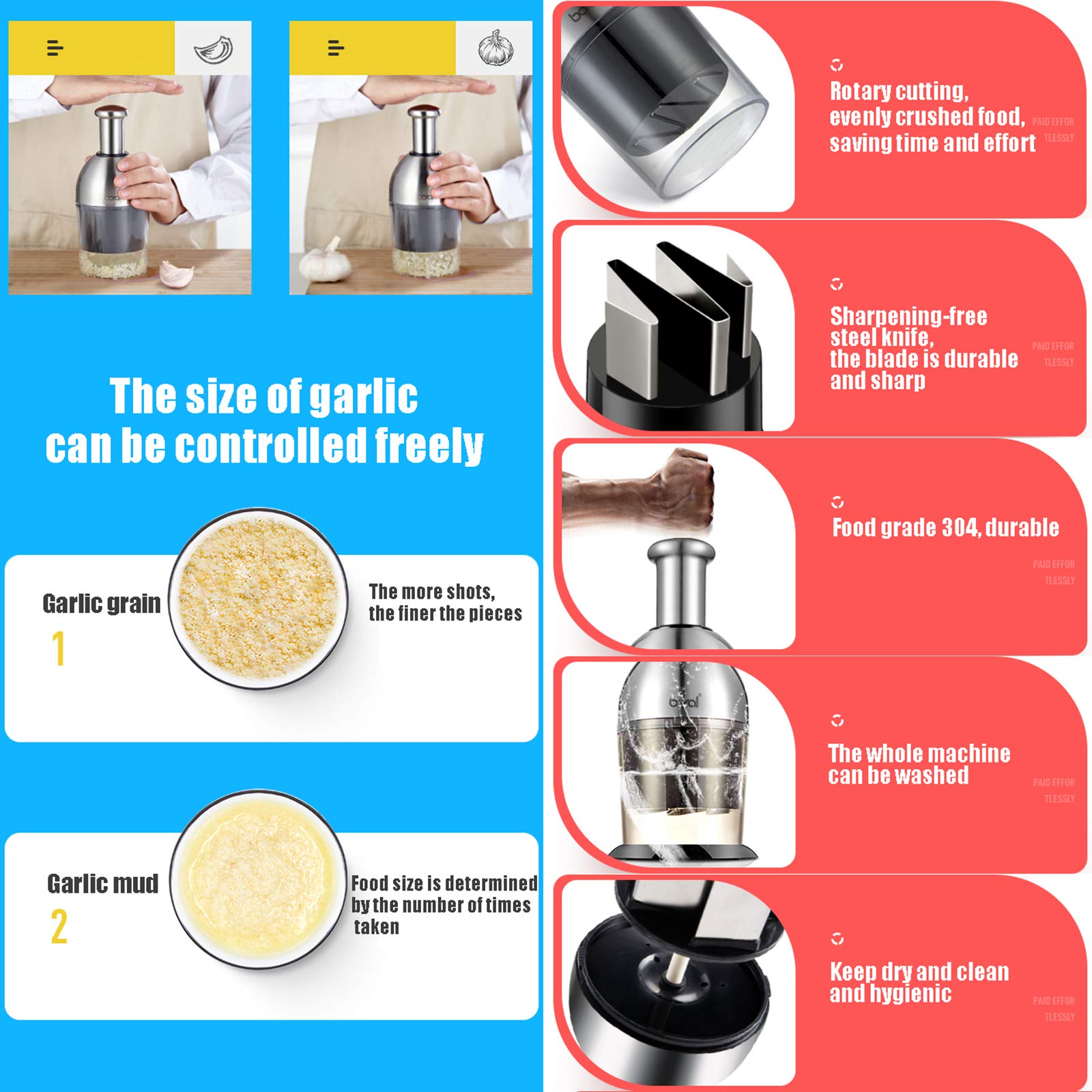 Stainless Steel Manual Food Chopper - Garlic Crusher, Nut Grinder, Onion & Vegetable Cutter with Cleaning Brush | Perfect for Meal Prep, Salad Making & Home Cooking (Red)