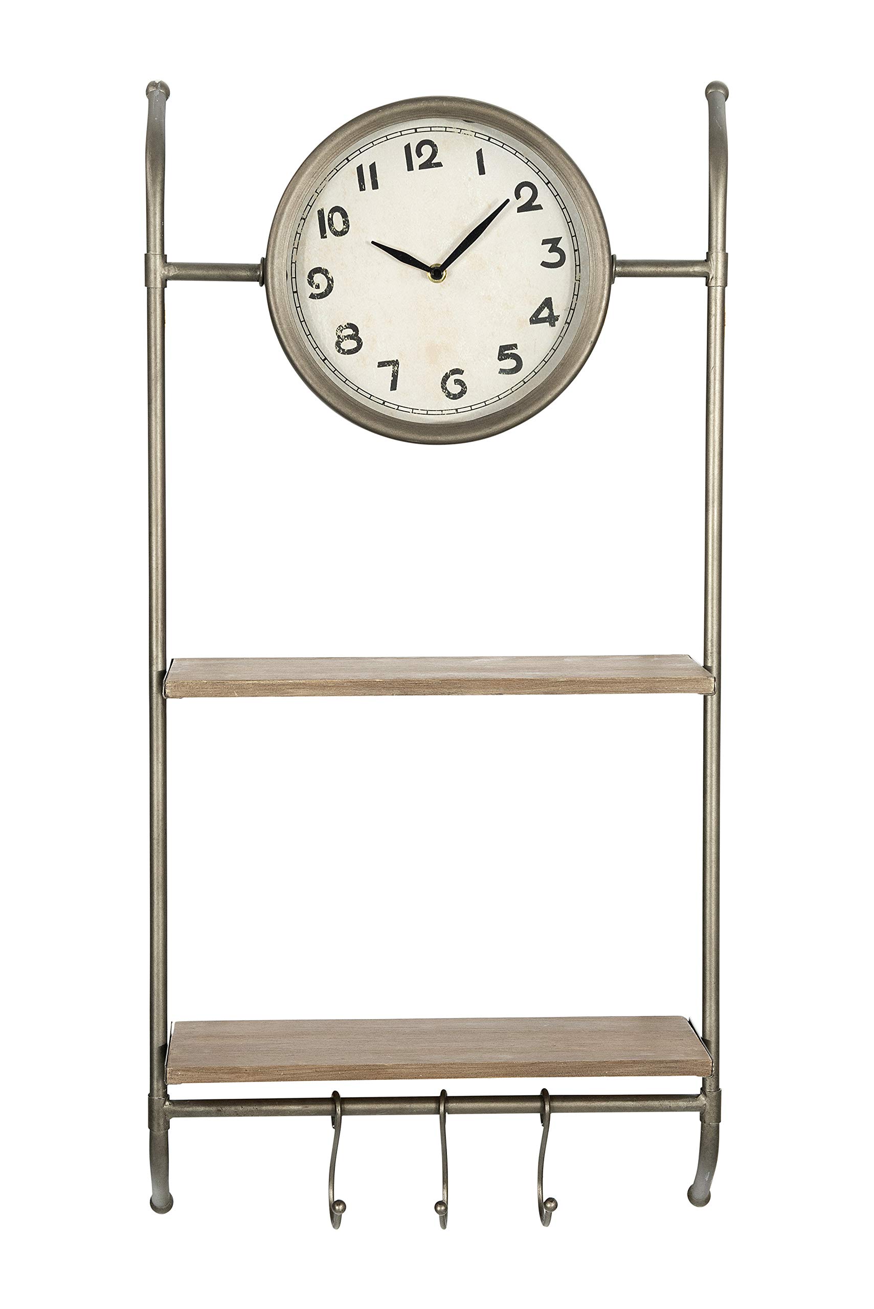 Creative Co-Op 2-Shelf & 3-Hook Wall Clock with Storage - Black - Perfect for Kitchen, Bathroom, and Office Organization