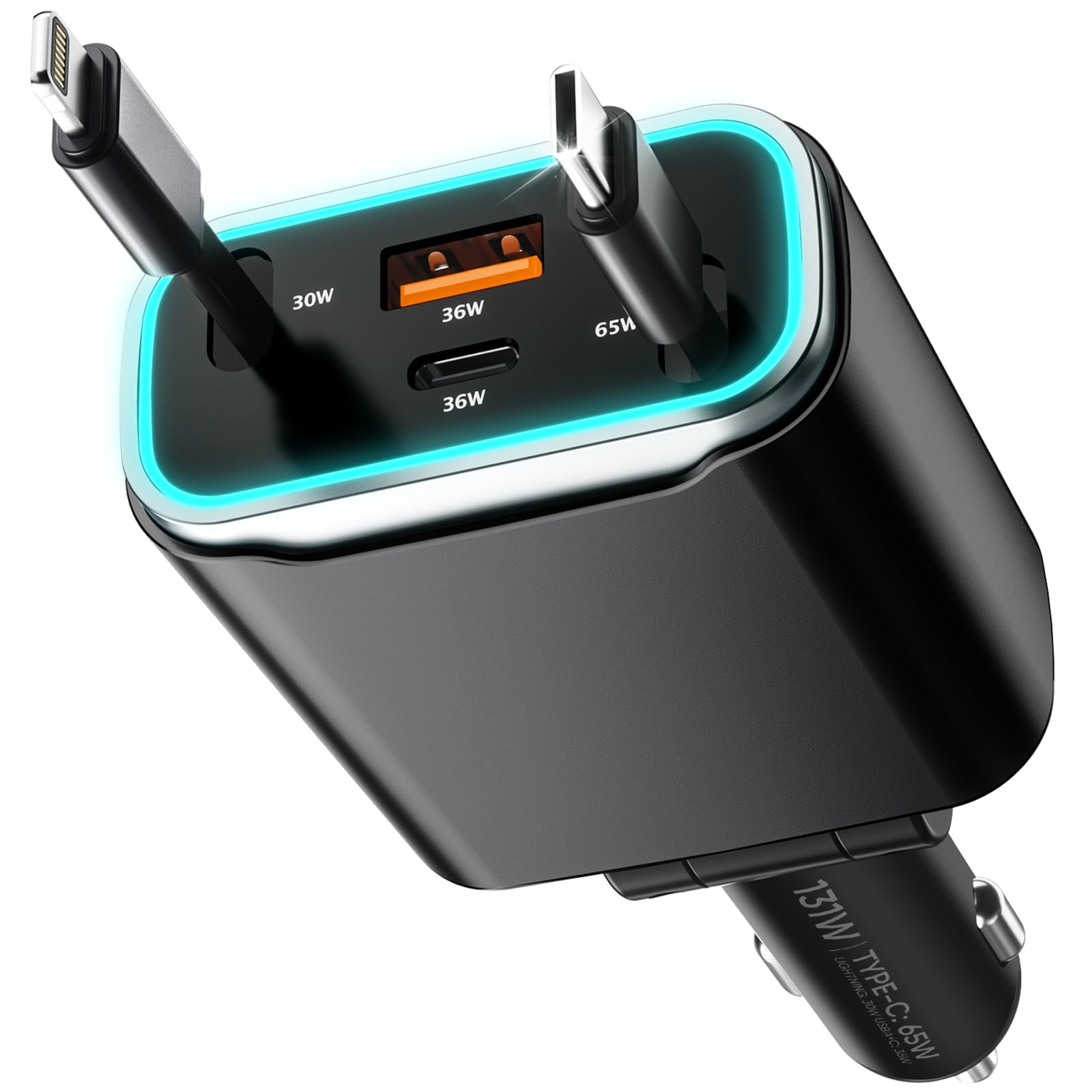 131W Retractable Car Charger with 4 USB Ports - Fast Charging USB C Car Adapter for iPhone 16/15/14/13/12/11 Pro Max - Perfect for Road Trips & Daily Commute