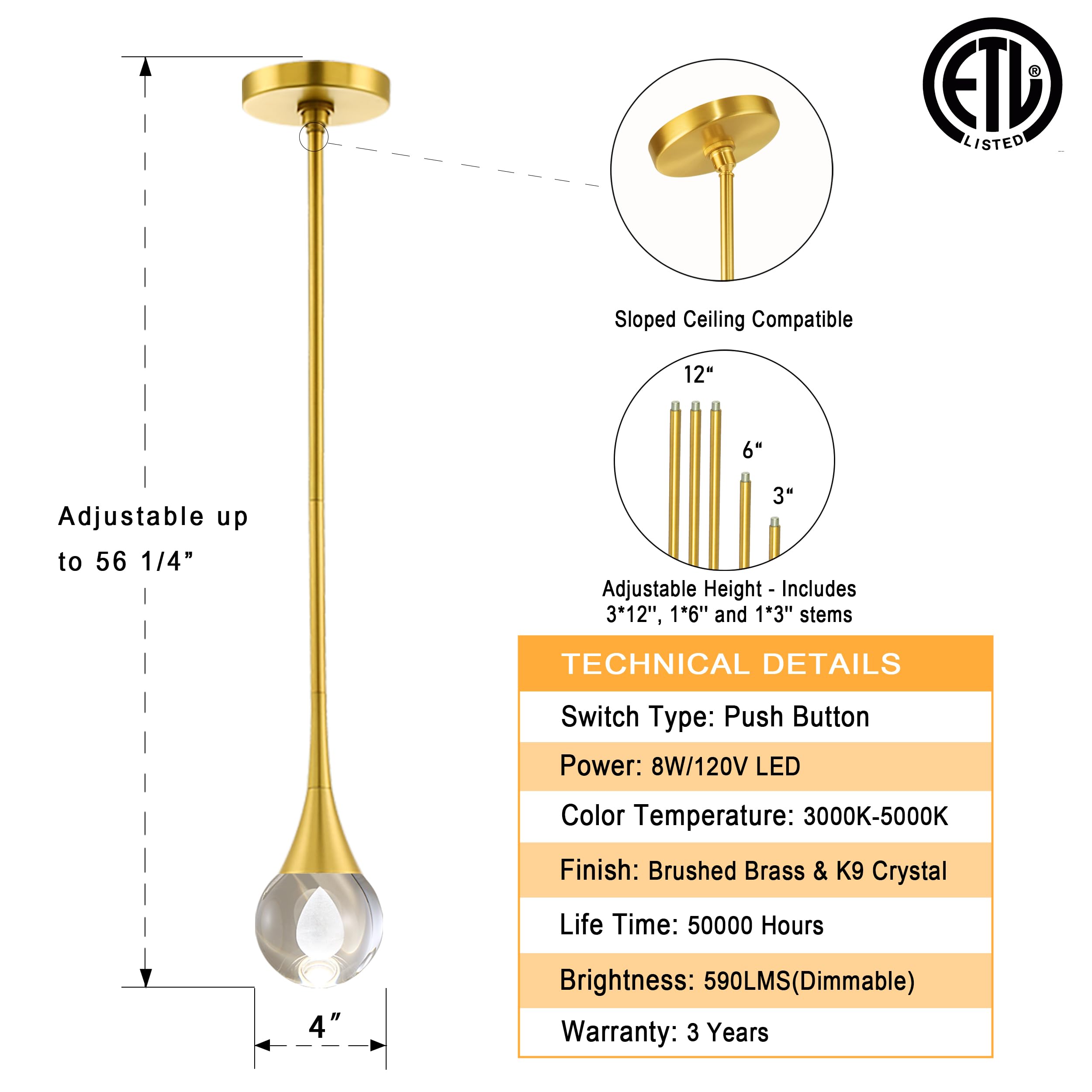 Modern Gold Teardrop Crystal Pendant Light - 8W Dimmable LED Mini Globe Fixture with 3 Color Temperatures for Kitchen Island, Bathroom & Bedroom | Elegant Lighting for Dining Rooms, Hallways and Entryways