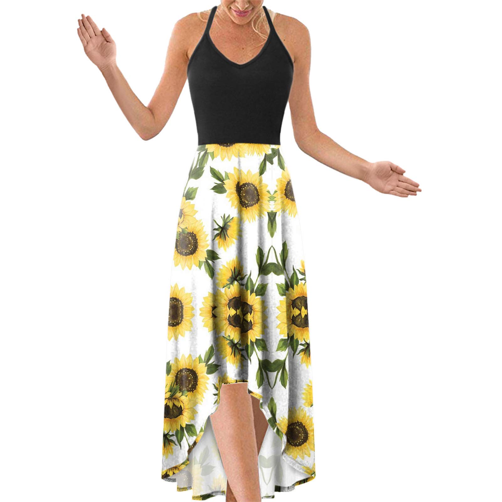 2021 Women's Summer Maxi Dress - Sleeveless Bohemian Floral V-Neck Open Back Beach Party Dress for Casual Outings, Vacations & Date Nights