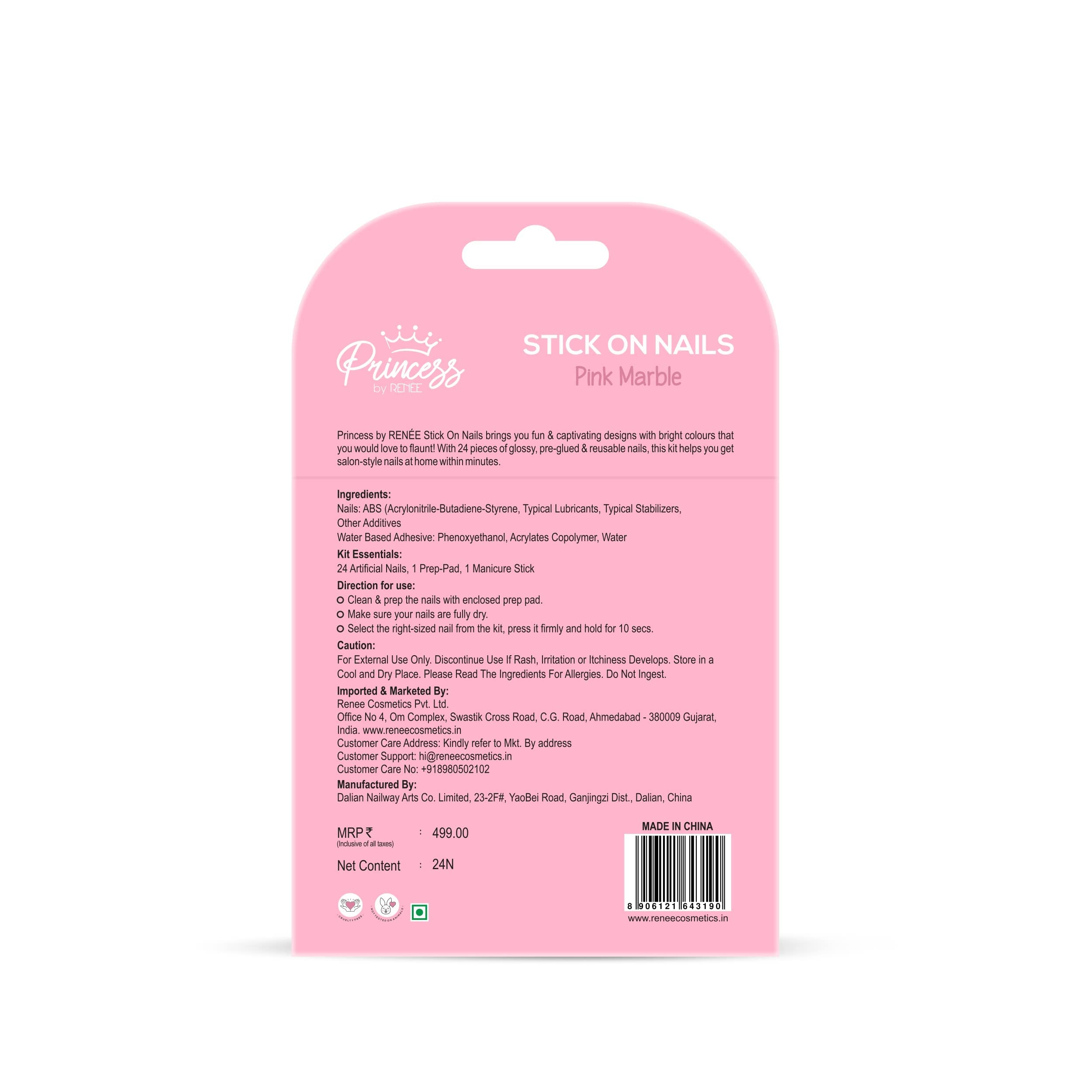 Princess By RENEE Stick On Nails - 24 Reusable Artificial Nail Set with Rainbow Unicorn & Pink Marble Designs | Lightweight, Long Lasting, Easy to Apply | Perfect for Parties, Weddings, and Special Occasions