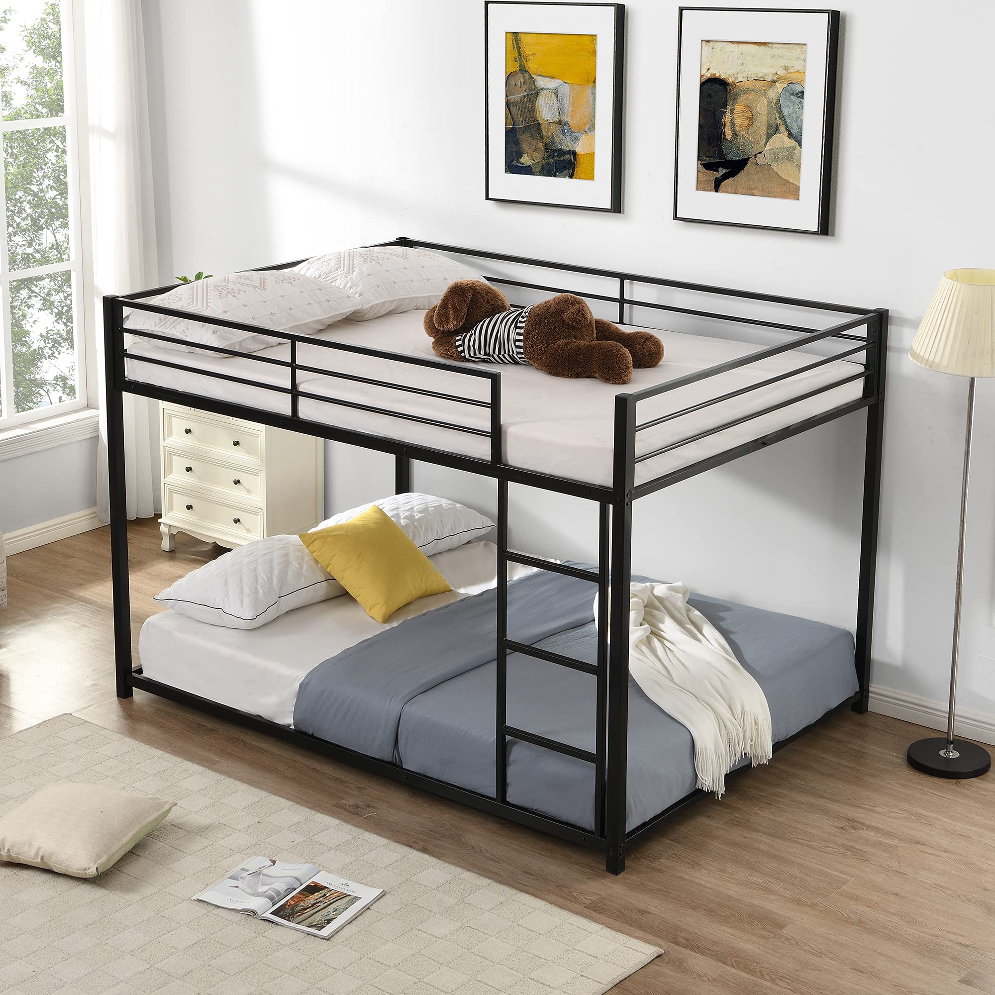 Full Over Full Metal Bunk Bed - Heavy Duty Low Profile Bunk Bed Frame with Safety Guard Rails & Flat Ladder for Kids, Teens, Adults (Black) | Perfect for Small Rooms, Dorms, Guest Rooms & Space-Saving Solutions