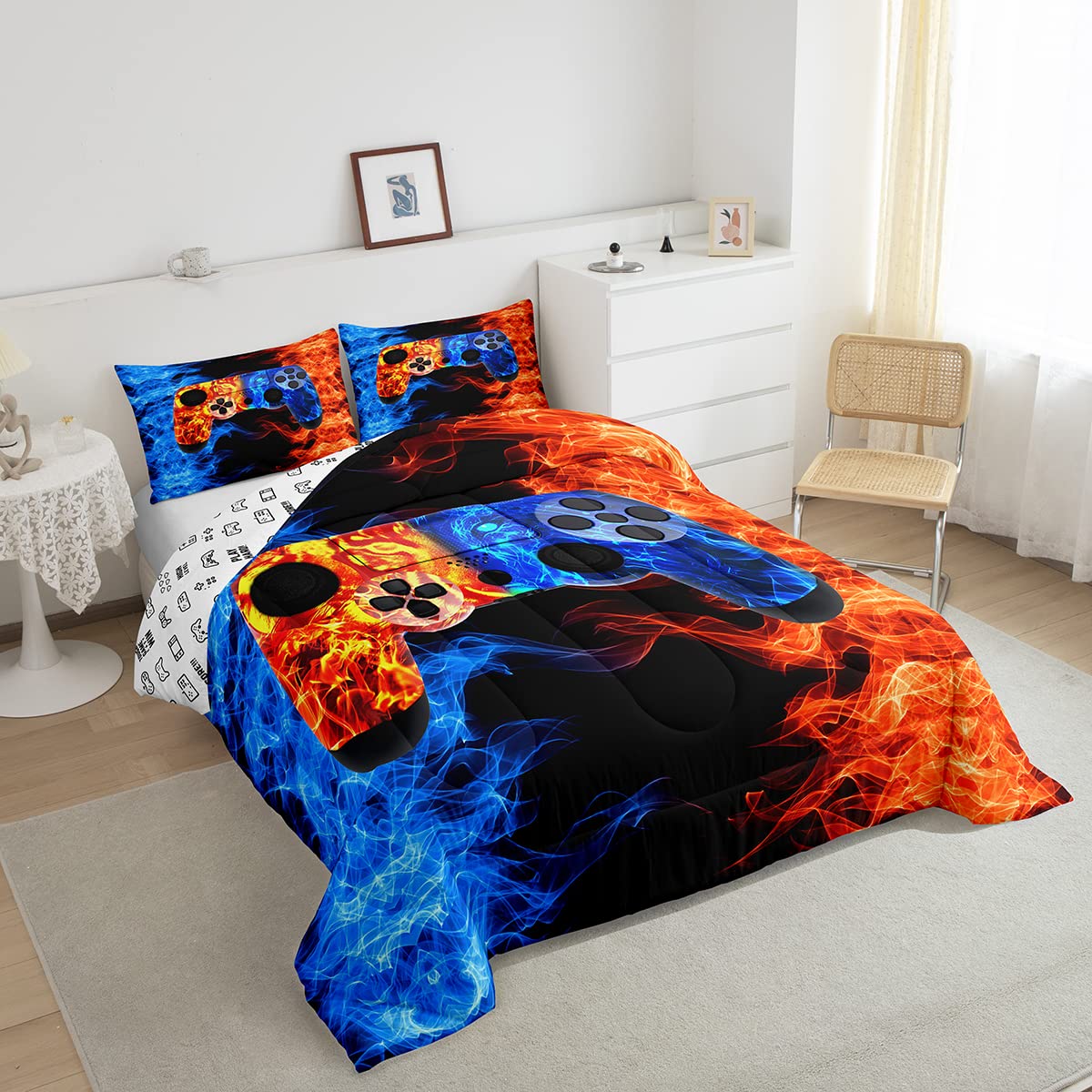 Erosebridal Boys Queen Gaming Comforter Set - Blue & Orange Gamer Bedding for Toddler & Kids | Perfect for Boys' Bedrooms & Gaming Themed Decor