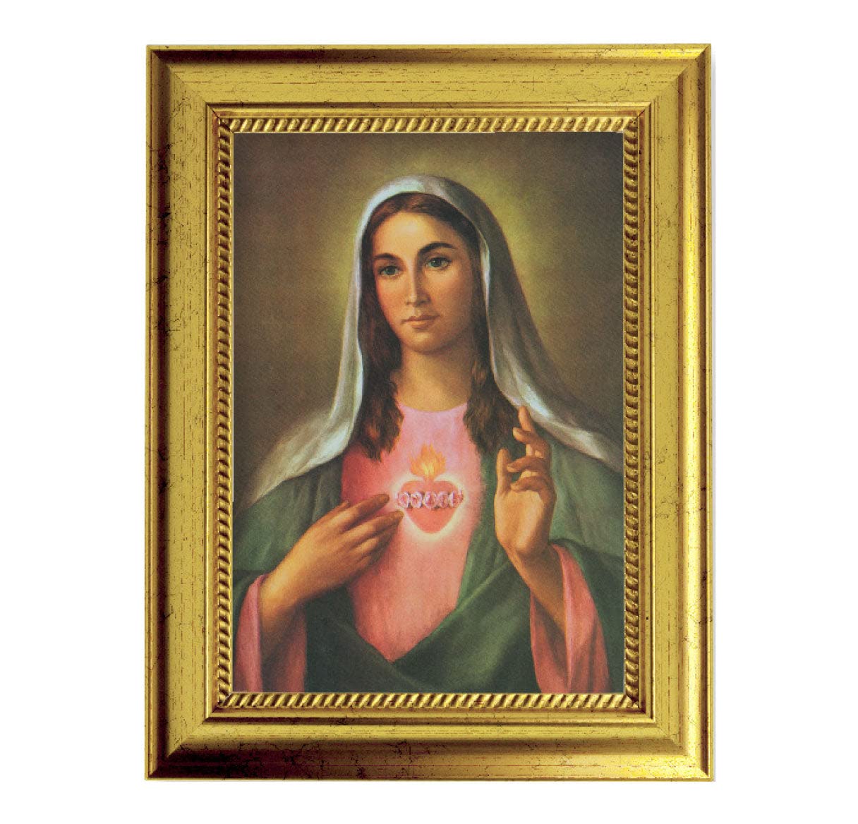 Immaculate Heart of Mary Framed Wall Art - Small Religious Home Decor with Antique Gold Leaf Frame & Rope Detailing - Perfect for Catholic Home Altar, Prayer Room or Gift