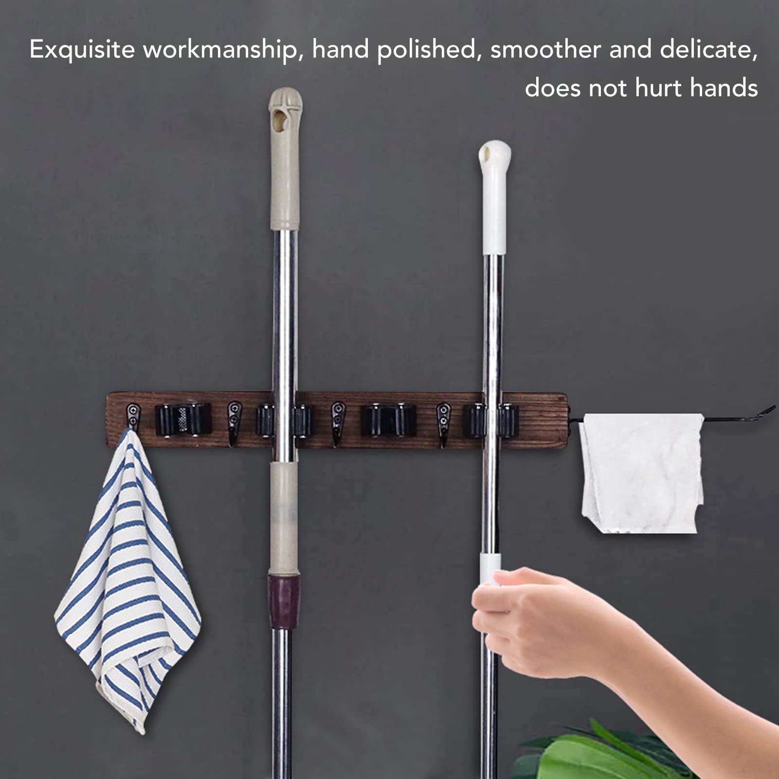 POTRUWE Wall Mount Broom Holder - Heavy Duty Metal Mop Hanger with 4 Racks & 4 Hooks for Laundry Room Organization - Space Saving Utility Rack for Brooms, Mops, Cleaning Tools (Perfect for Garage, Closet & Home Storage)