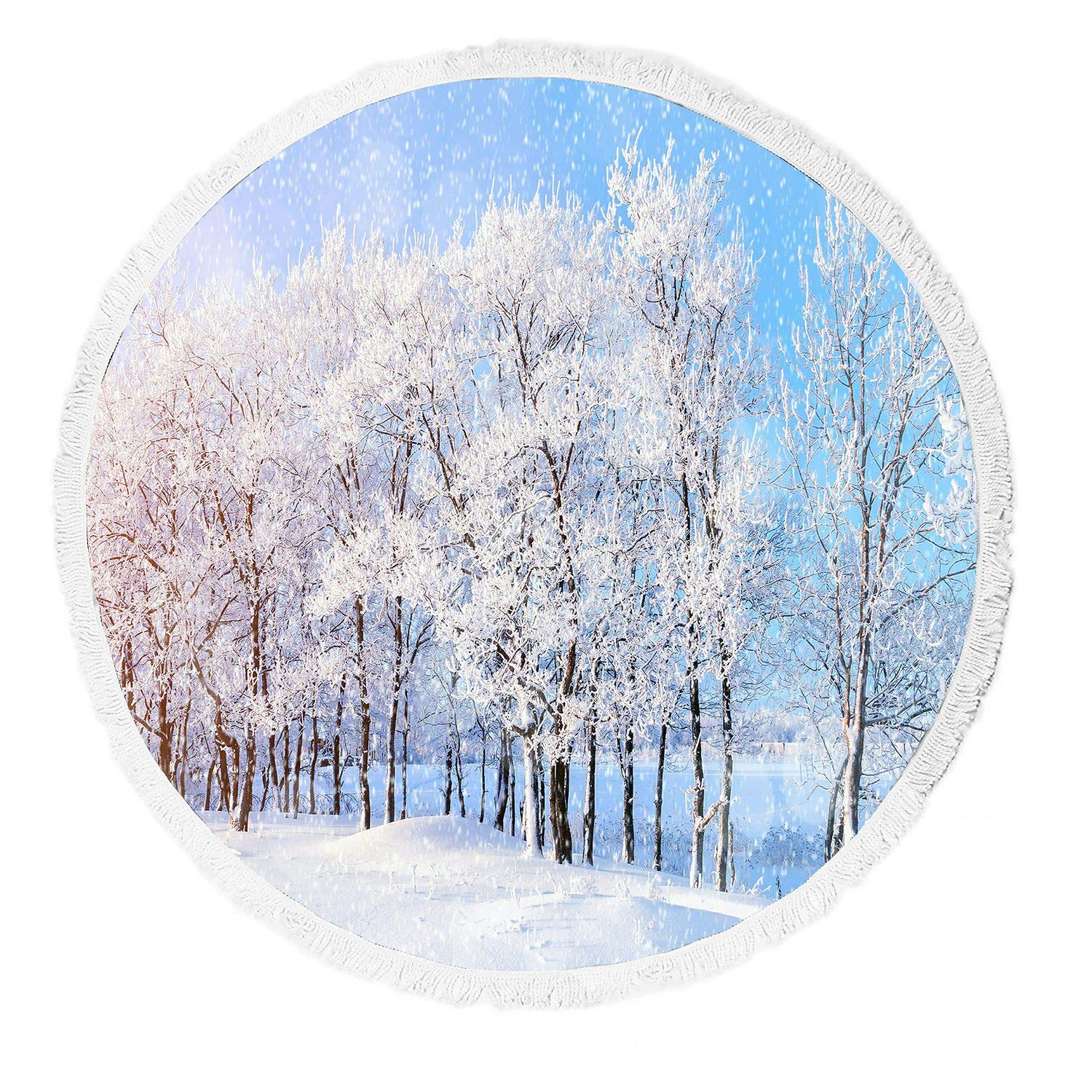 ABPHQTO Winter Wonderland Forest Snowfall Sunlight Beach Towel - Soft Tassel Trimmed Blanket for Beach, Yoga, Picnic & Outdoor Activities | Cozy Throw for Winter Scenes, Home Decor & Seasonal Comfort