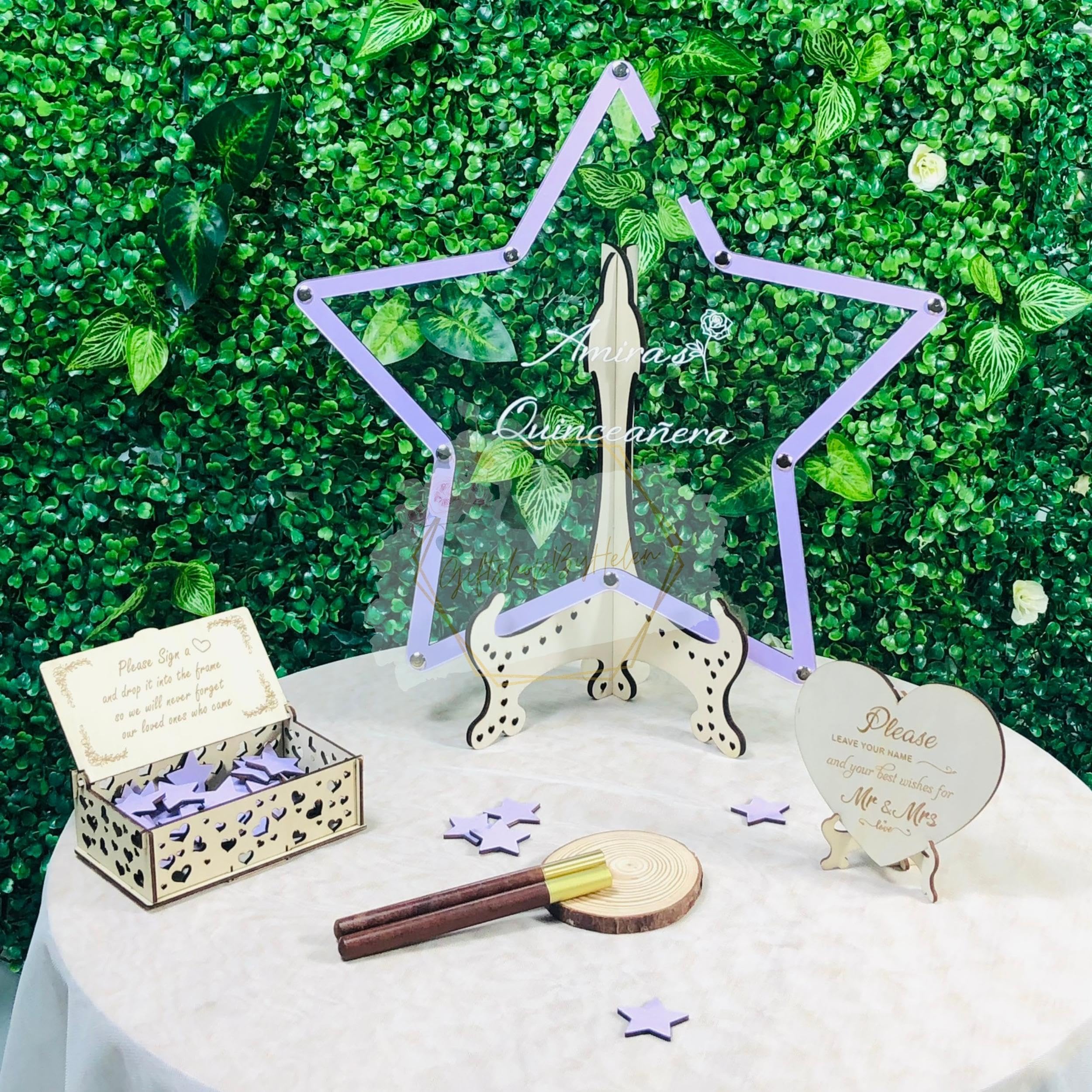 **Personalized Star-Shaped Guest Book for Quinceañera, Wedding & Sweet 16 Birthday - Custom Wooden Keepsake for Special Events & Celebrations**    *(Perfect for Quinceañeras, Weddings, Sweet 16 Parties, Anniversaries & Milestone Celebrations - A Unique & Memorable Guest Book Alternative!)*