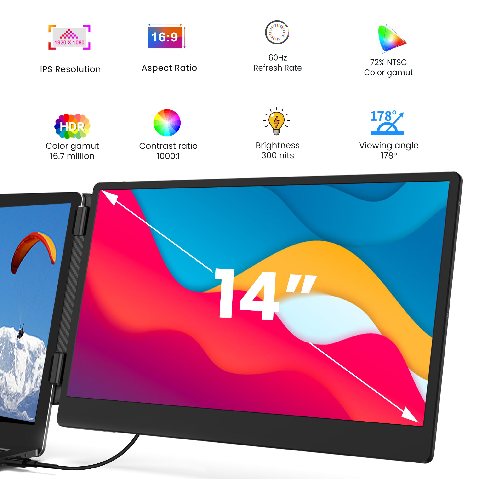 Kwumsy 14 Inch FHD 1080P Portable Monitor for Laptop - Dual Screen USB-C Plug & Play External Display, Compatible with Windows/Mac/Chrome OS, Lightweight Second Monitor for 13-17.3