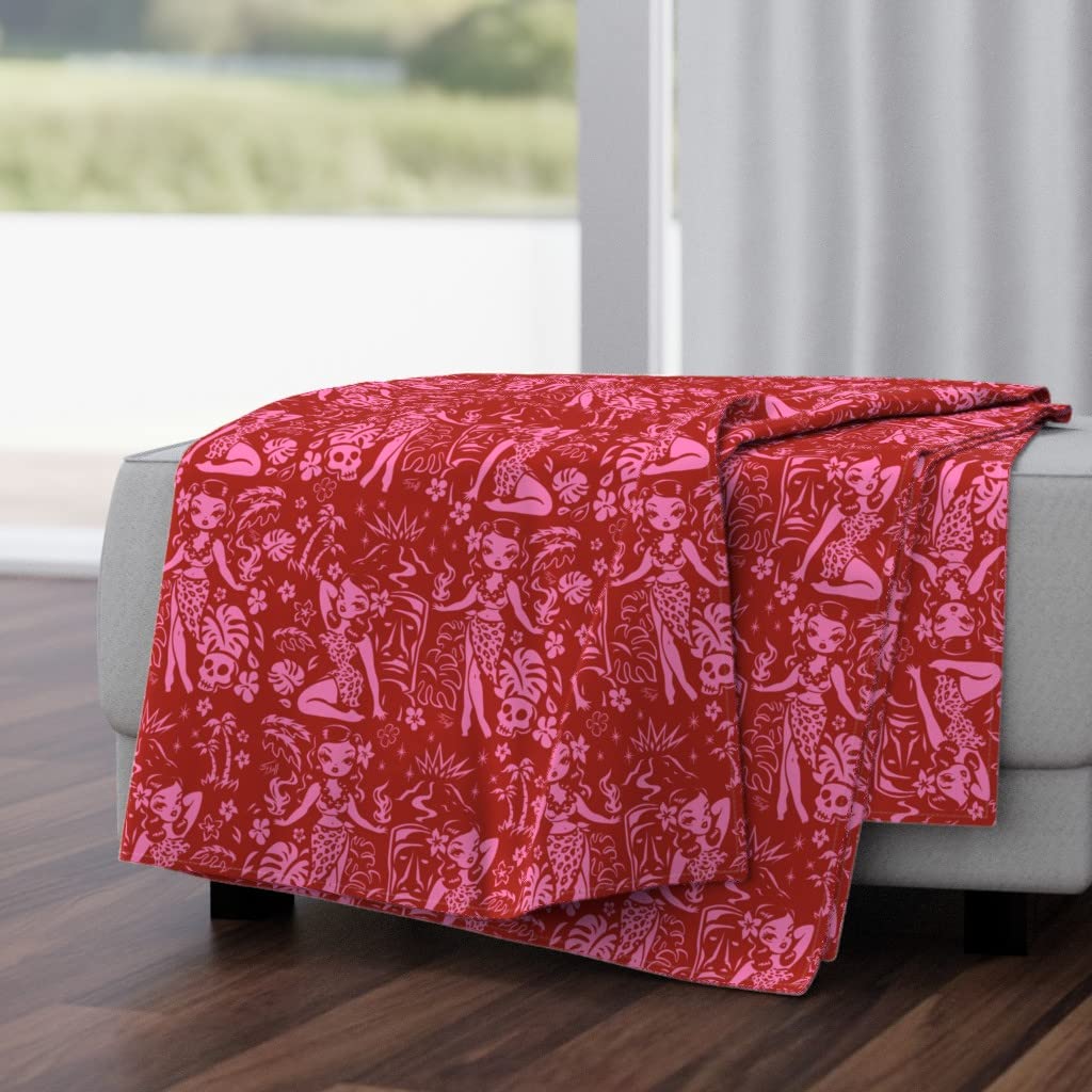 Soft Plush Minky Throw Blanket 50x70 Inches - Tropical Tiki Pink Red Hawaiian Vintage Print for Girls | Cozy Bed, Couch & Travel Blanket