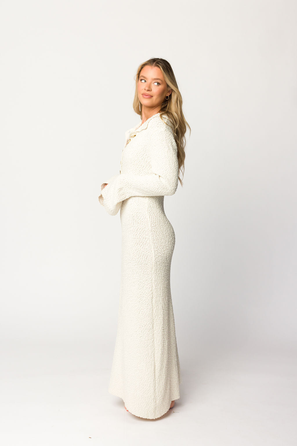 Courtney Boucle Maxi Shirt Dress in Cream - Nursing Friendly Maternity Dress for Women | Elegant Long Sleeve Button Down Dress for Pregnancy, Nursing & Everyday Wear