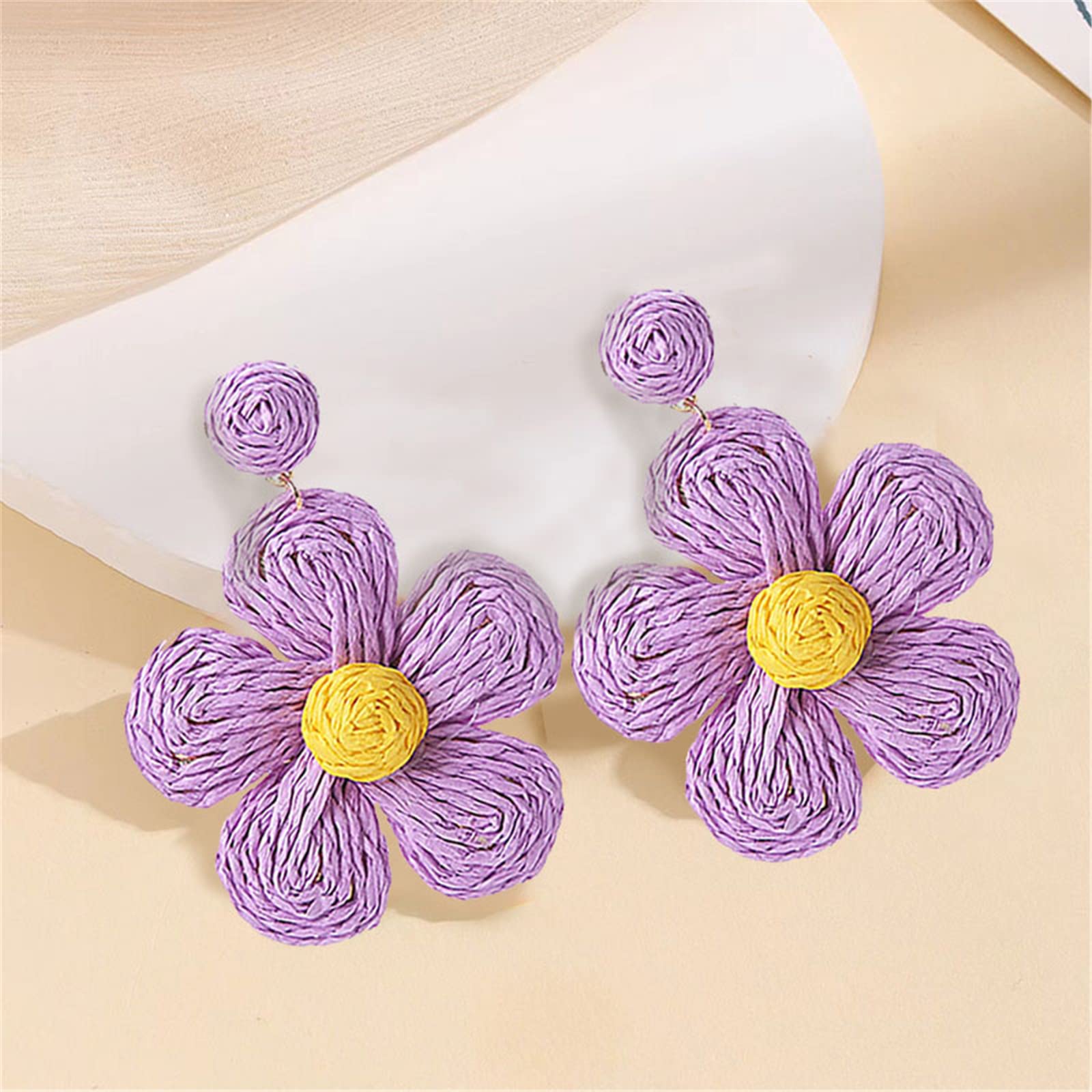 Handmade Bohemian Rattan Flower Dangle Earrings for Women - Colorful Daisy Straw Wrapped Earrings | Summer Beach Holiday Fashion Accessories | Perfect for Music Festivals, Vacations & Boho Chic Outfits