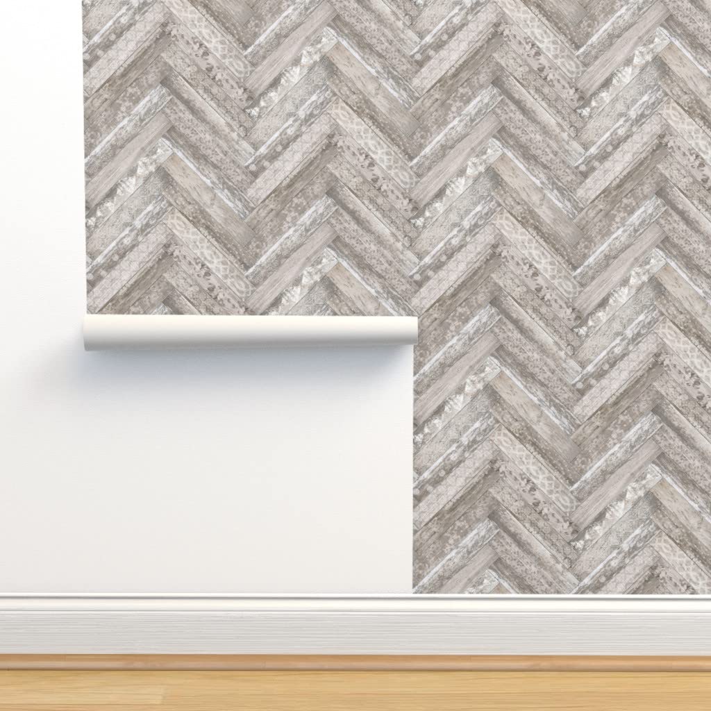 Peel & Stick Wallpaper 9ft x 2ft - Faux Wood Chevron Herringbone Pattern, Weathered Farmhouse Brown Distressed Finish, Custom Removable Wallpaper by Spoonflower - Perfect for Bedroom, Living Room, Kitchen & Home Office Decor