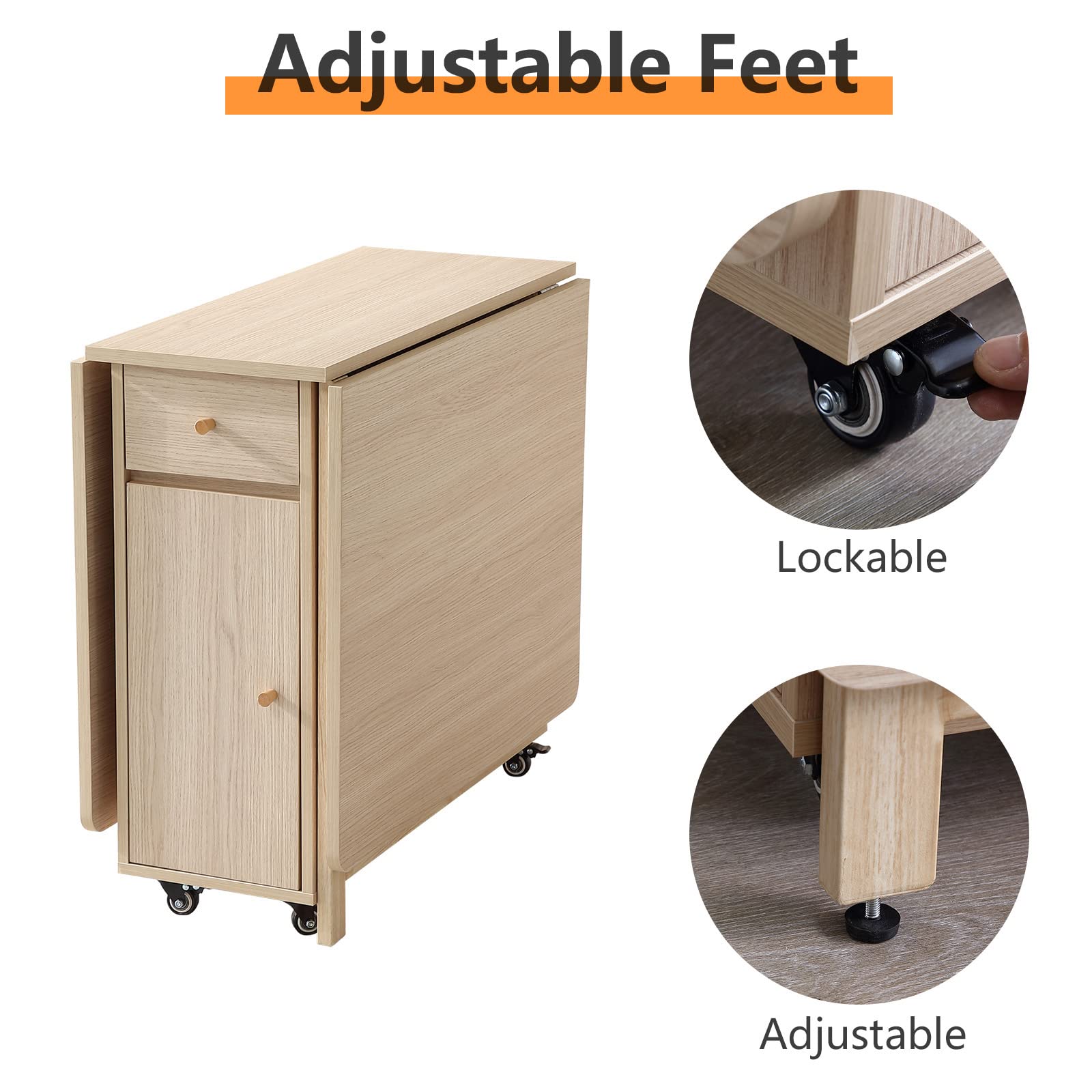 Extendable Drop Leaf Folding Dining Table with 2 Drawers & 4 Wheels - Space Saving Kitchen Table for Small Apartments, Farmhouse, Living Room | Solid Wood Finish | Perfect for Dining, Entertaining & Home Office Use