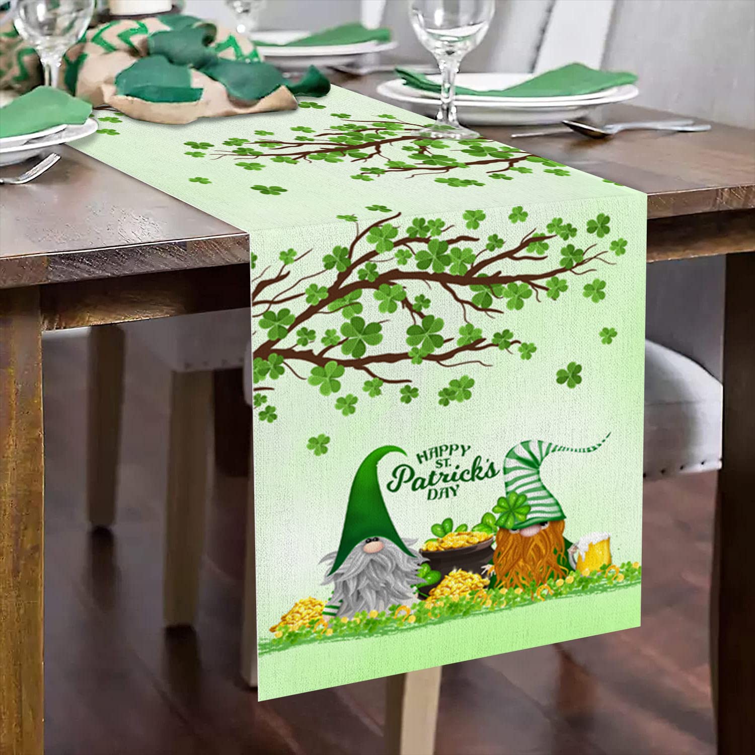 St. Patrick's Day Table Runner 36 Inches - Green Gnome & Shamrock Print Cotton Linen Tablecloth for Farmhouse Decor - Perfect for Coffee Tables, Weddings, Parties & Dining Room Decorations - Irish Themed Home Accessories for Spring Celebrations and Holiday Gatherings