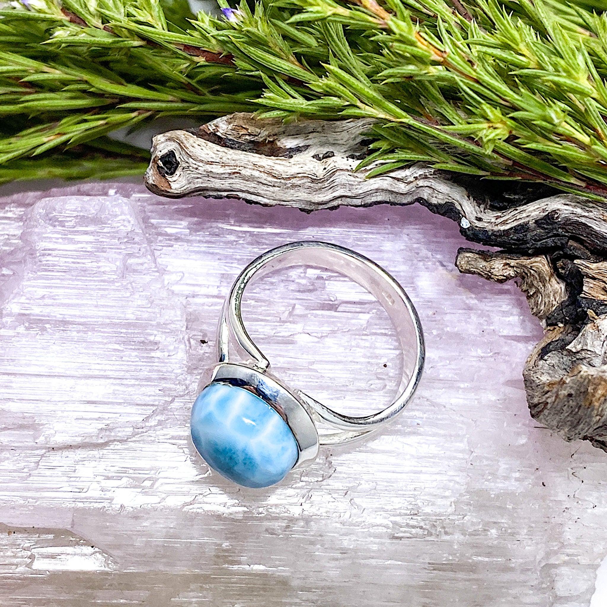 Larimar Round Ring Size 8 - Genuine Blue Stone Jewelry for Women, Handmade Sterling Silver Band - Perfect for Gifts, Weddings & Everyday Wear