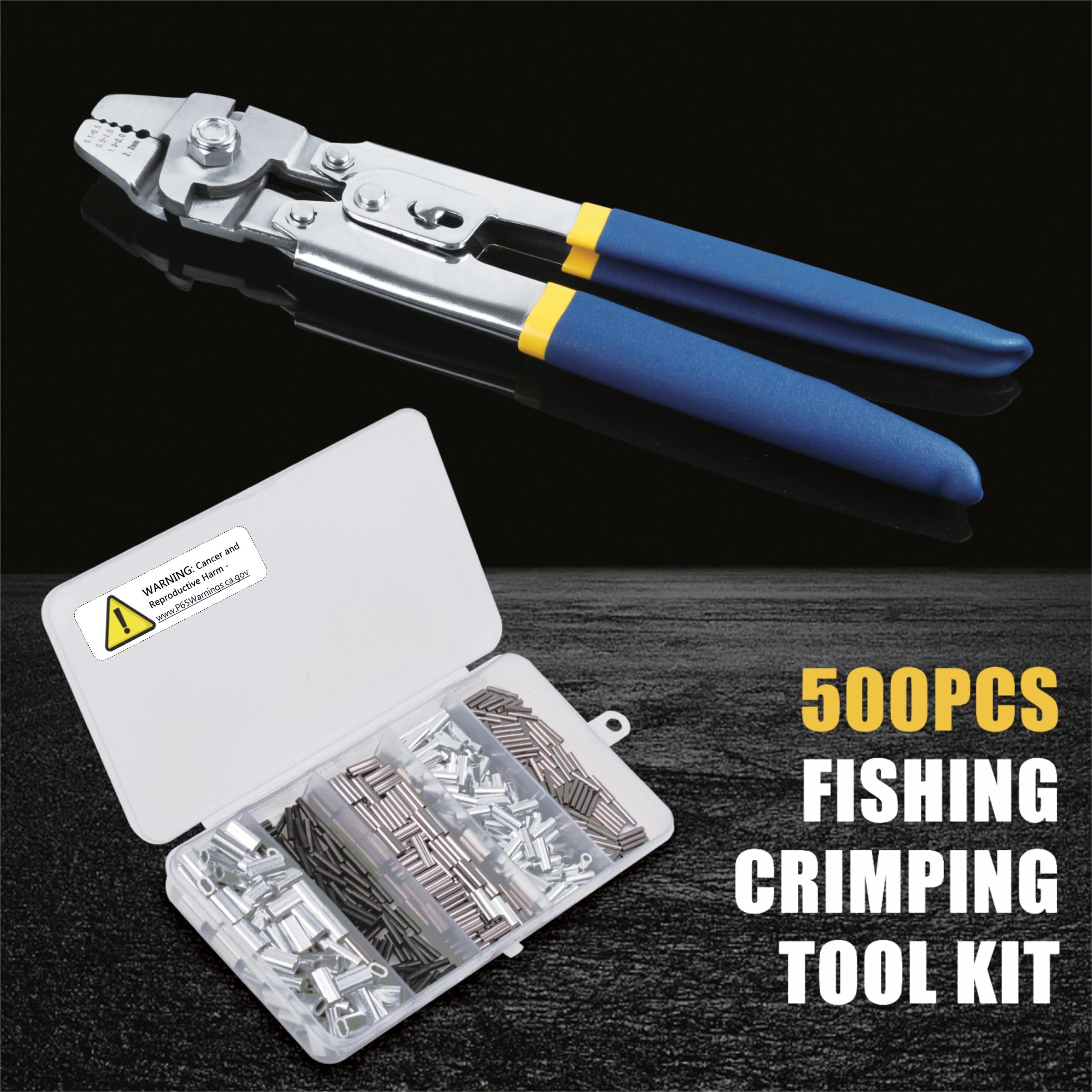 OROOTL Stainless Steel Fishing Crimping Tool Kit with 500pcs Crimp Sleeves - 4 Sizes for Fishing Line & Wire Rope - Perfect for Saltwater, Freshwater & DIY Fishing Gear Repair