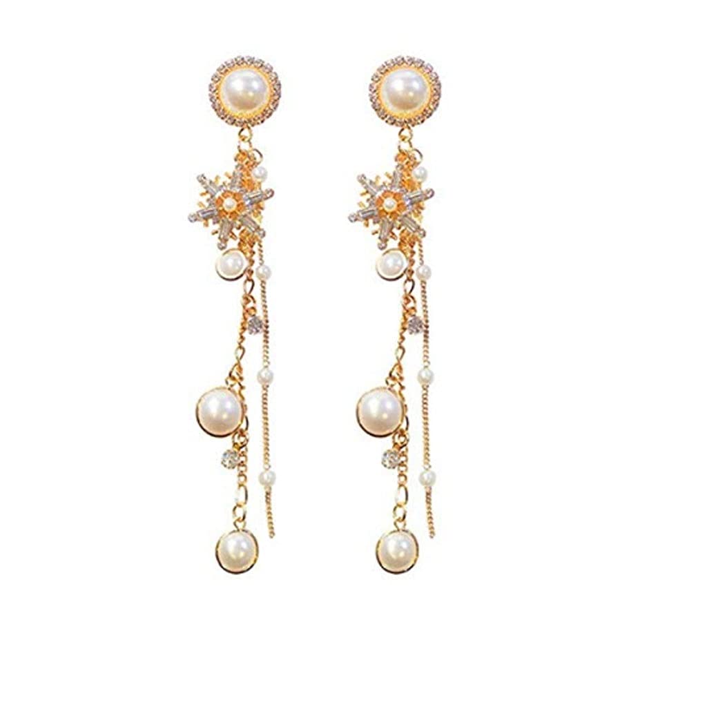 Exaggerated Pearl Snowflake Long Fringe Earrings for Women - Elegant Statement Dangle Earrings with Unique Design | Perfect for Parties, Weddings & Special Occasions