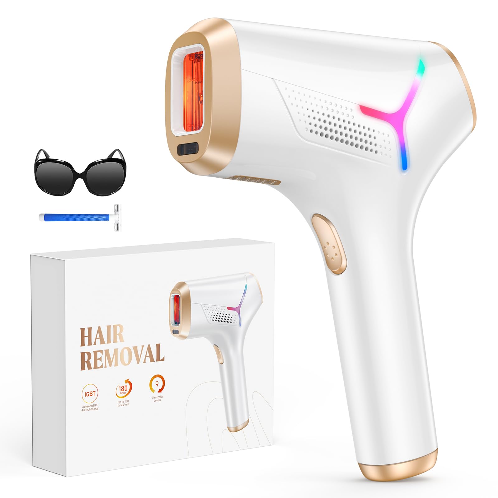 IPL Hair Removal Device - Dual Flash HR & HR+ Modes, 999,900 Light Pulses, 9 Adjustable Energy Levels for Painless Hair Removal at Home - Safe for Face, Body, Bikini Area on Men & Women | Perfect for Smooth Skin Before Beach Trips & Special Occasions